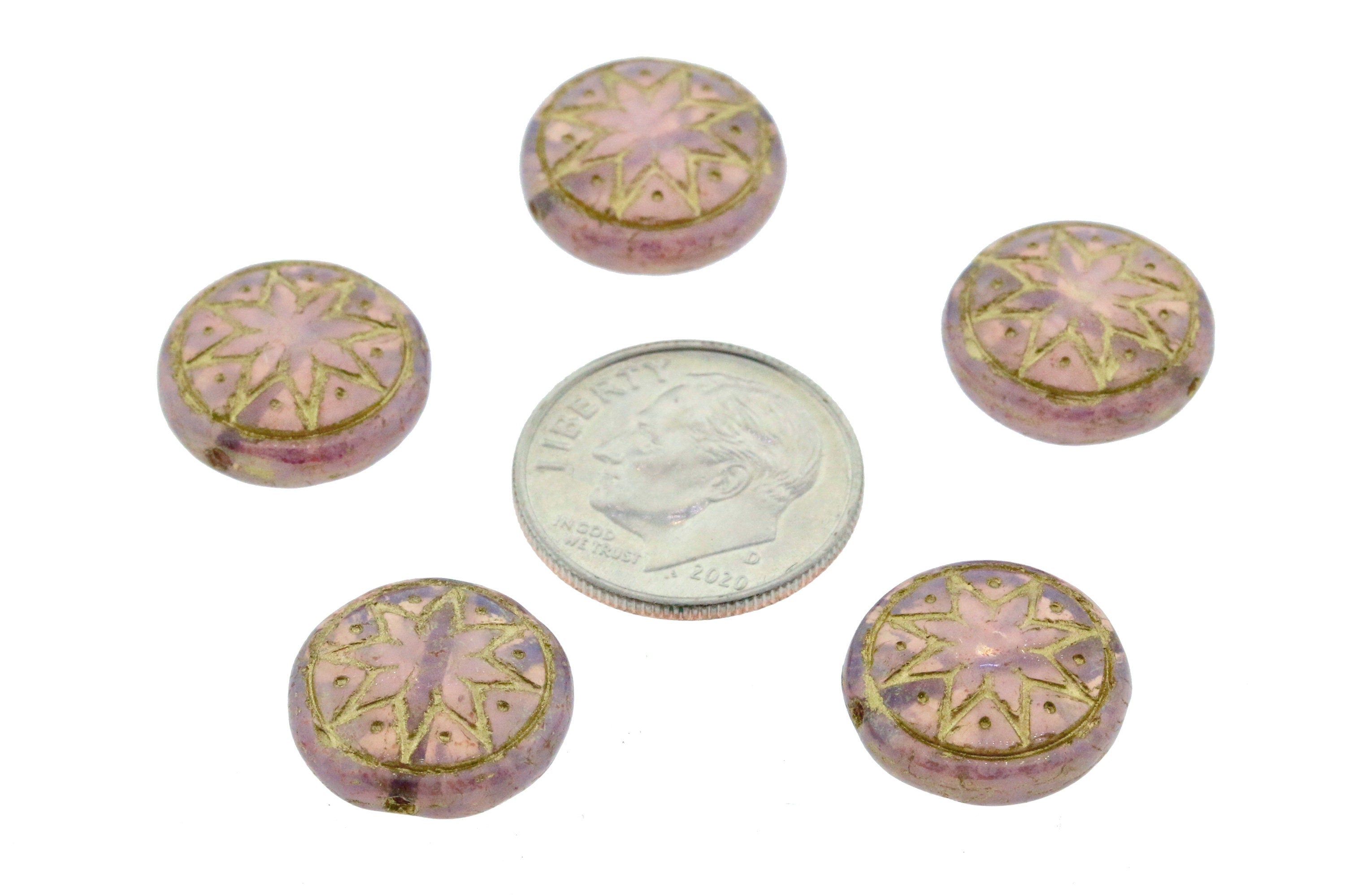 6pcs Czech Star of Ishtar beads - pressed Czech glass puffed coins - Light Pink Opal PATINA LUSTER GOLD Wash - 13mm