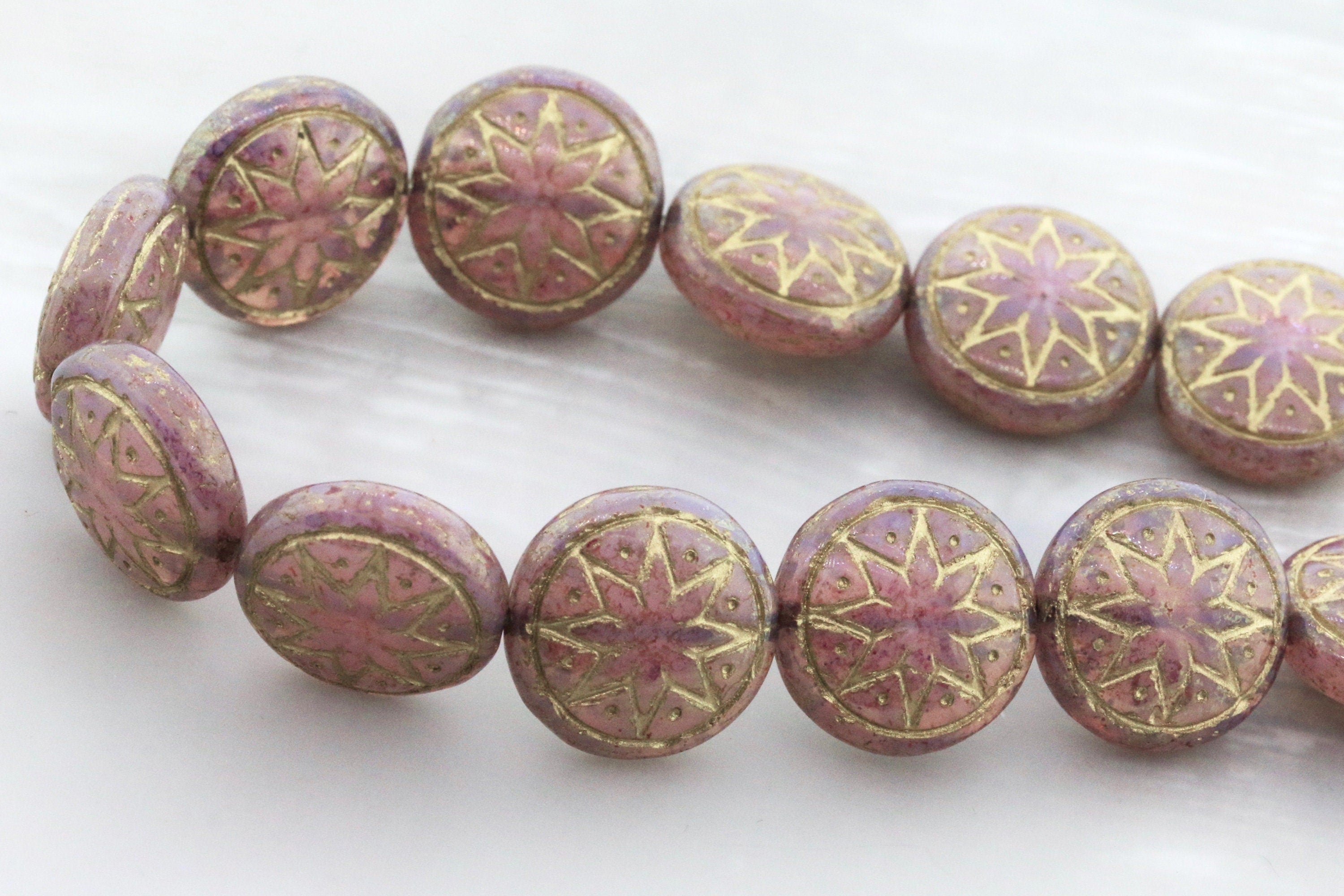 6pcs Czech Star of Ishtar beads - pressed Czech glass puffed coins - Light Pink Opal PATINA LUSTER GOLD Wash - 13mm