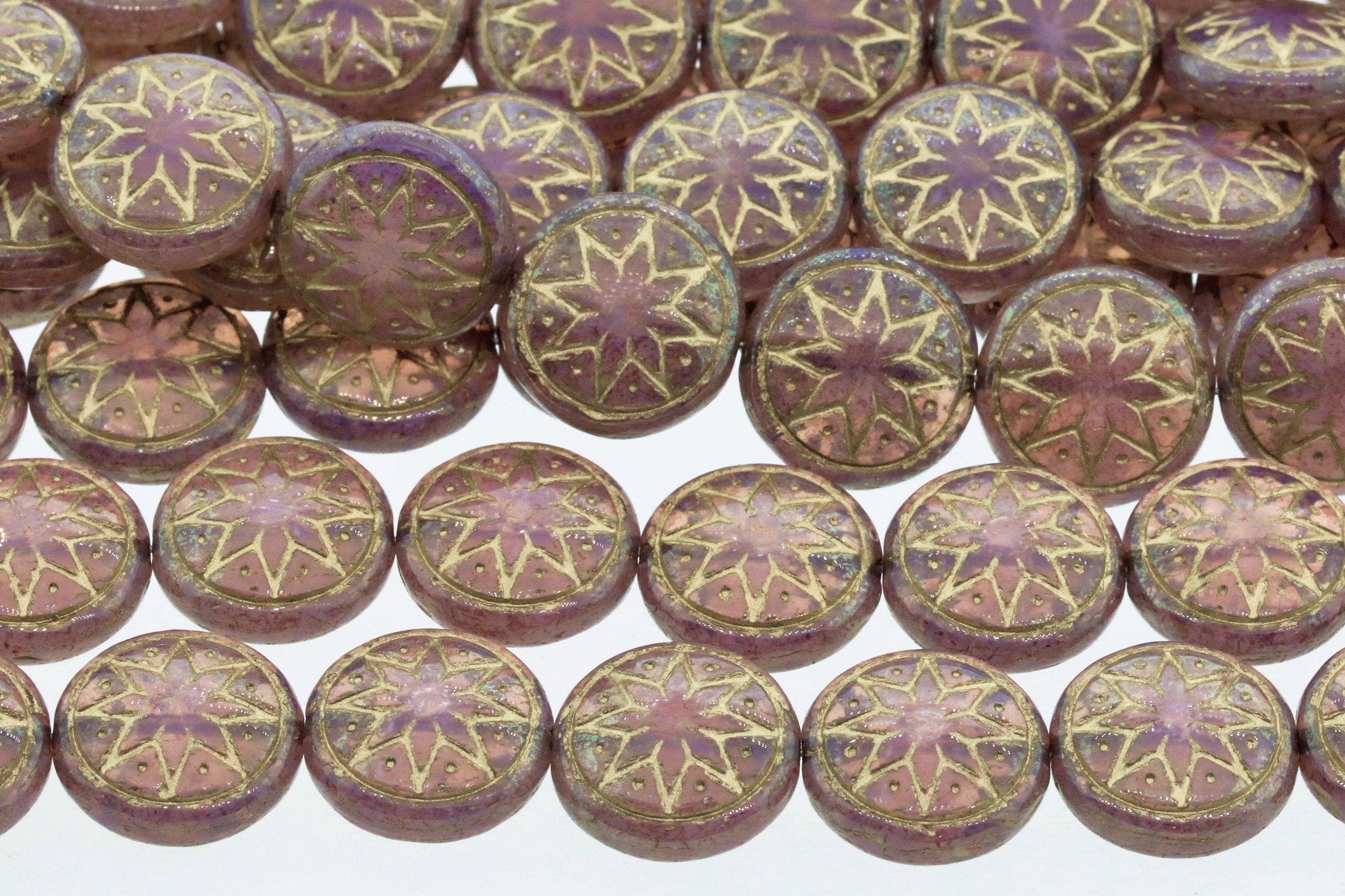 6pcs Czech Star of Ishtar beads - pressed Czech glass puffed coins - Light Pink Opal PATINA LUSTER GOLD Wash - 13mm