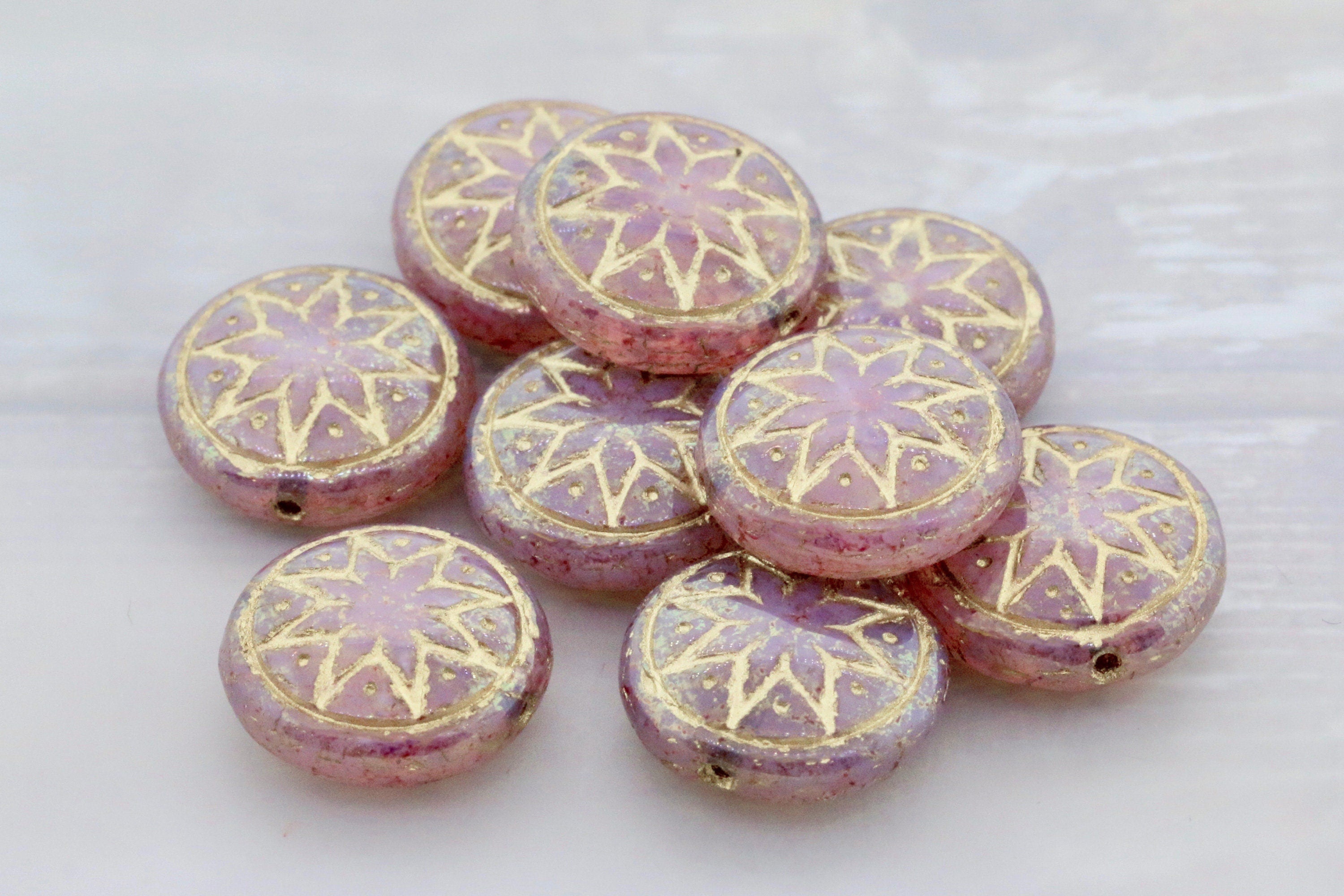 6pcs Czech Star of Ishtar beads - pressed Czech glass puffed coins - Light Pink Opal PATINA LUSTER GOLD Wash - 13mm