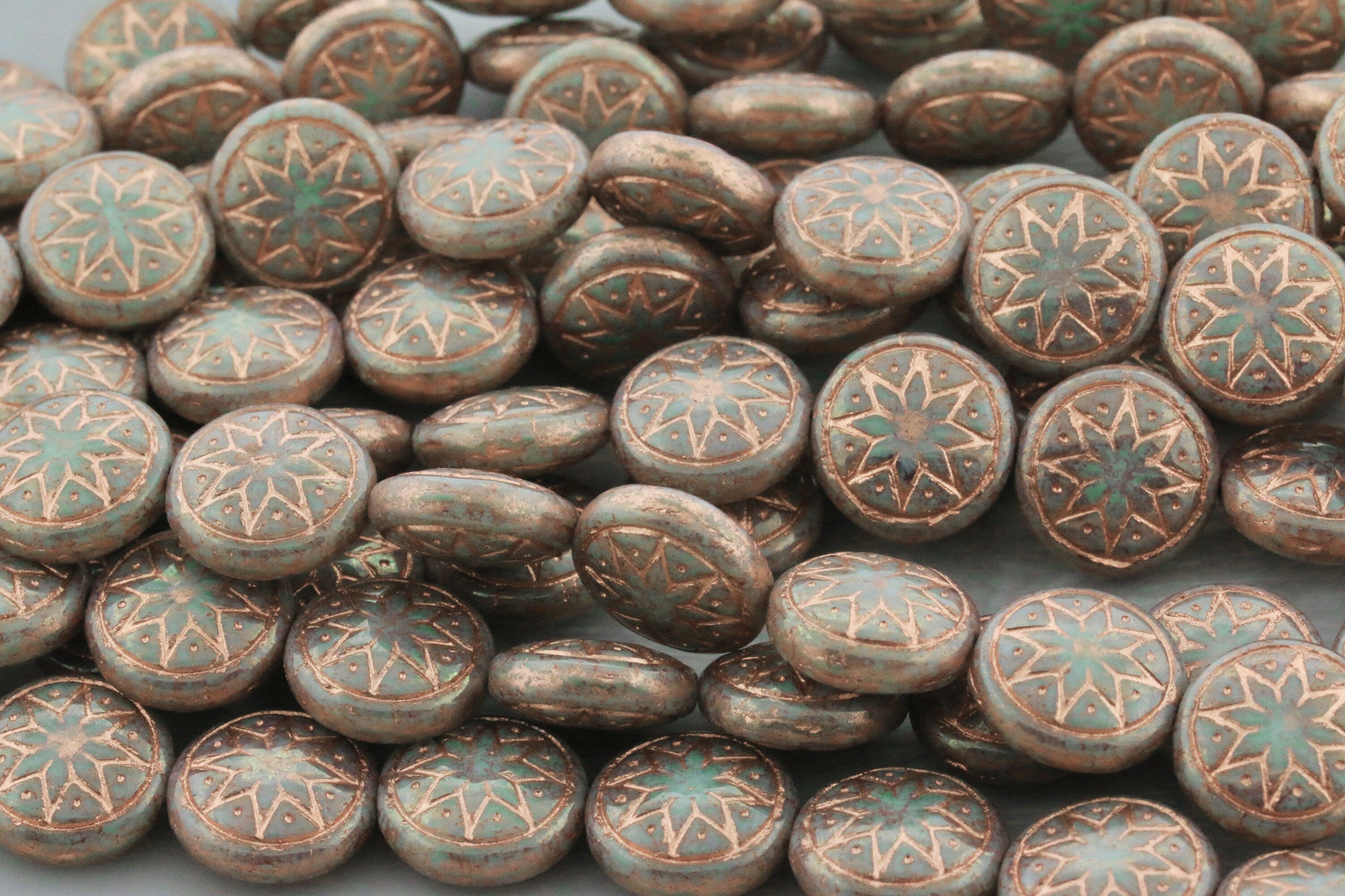 6pcs Czech Star of Ishtar beads - pressed Czech glass puffed coins - Pale Jade TERACOTA LUSTER Rose GOLD Wash - 13mm