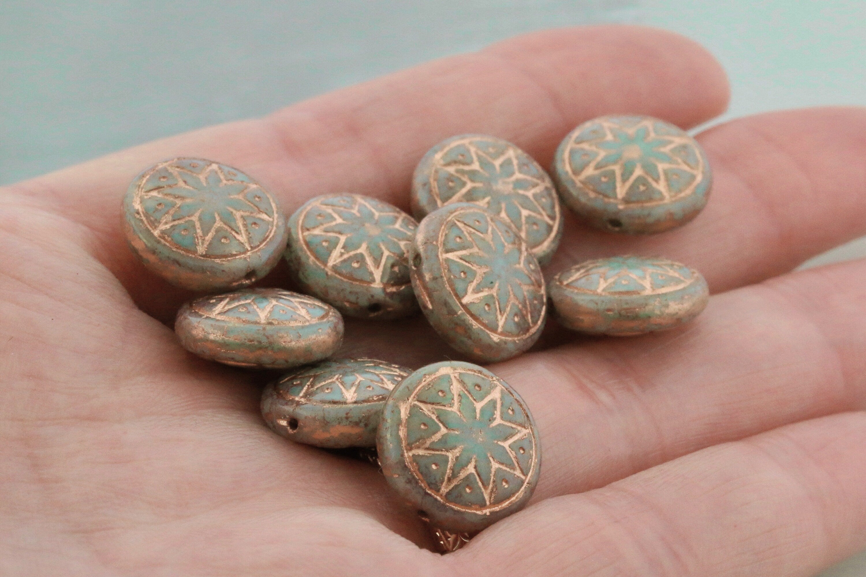 6pcs Czech Star of Ishtar beads - pressed Czech glass puffed coins - Pale Jade TERACOTA LUSTER Rose GOLD Wash - 13mm