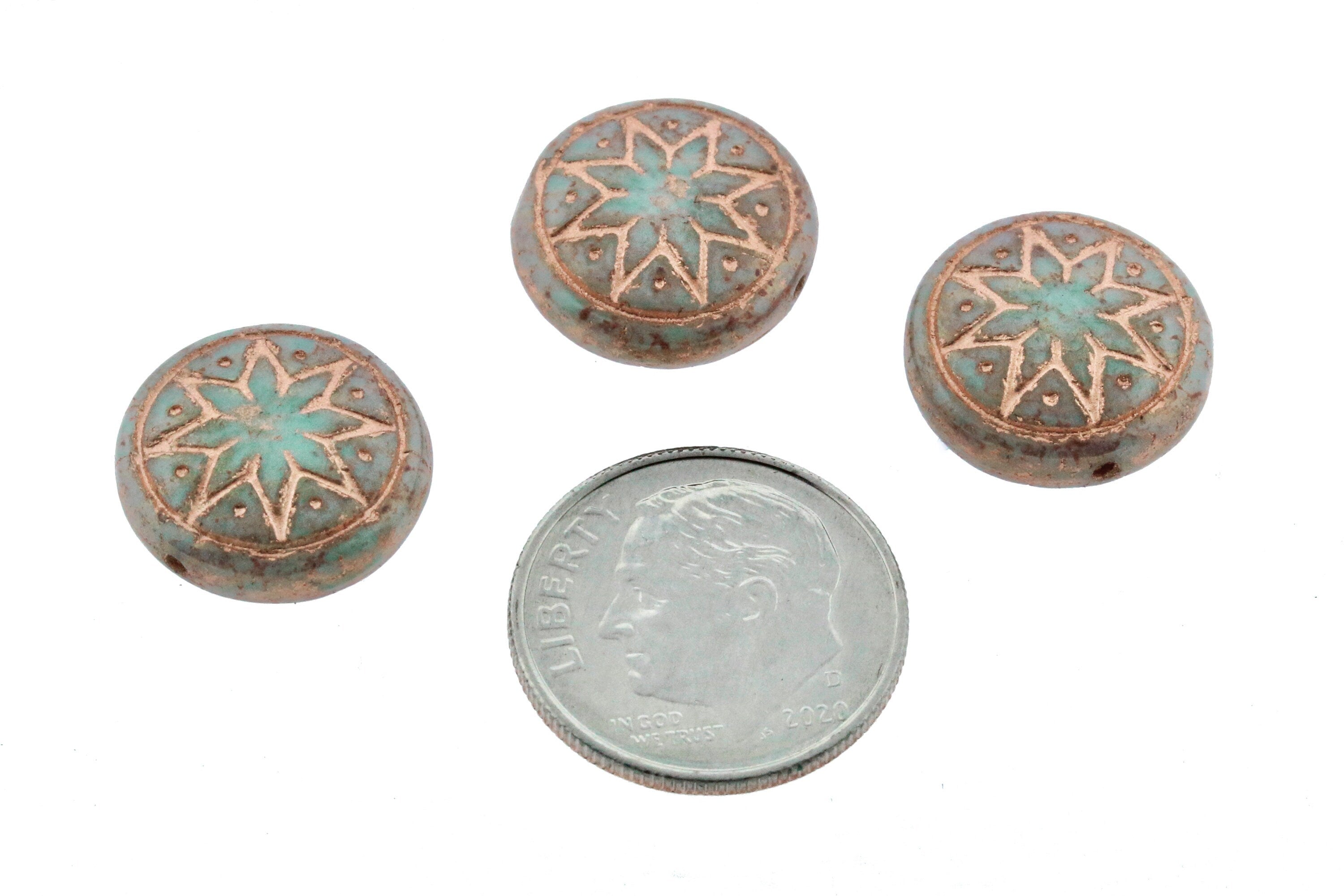 6pcs Czech Star of Ishtar beads - pressed Czech glass puffed coins - Pale Jade TERACOTA LUSTER Rose GOLD Wash - 13mm