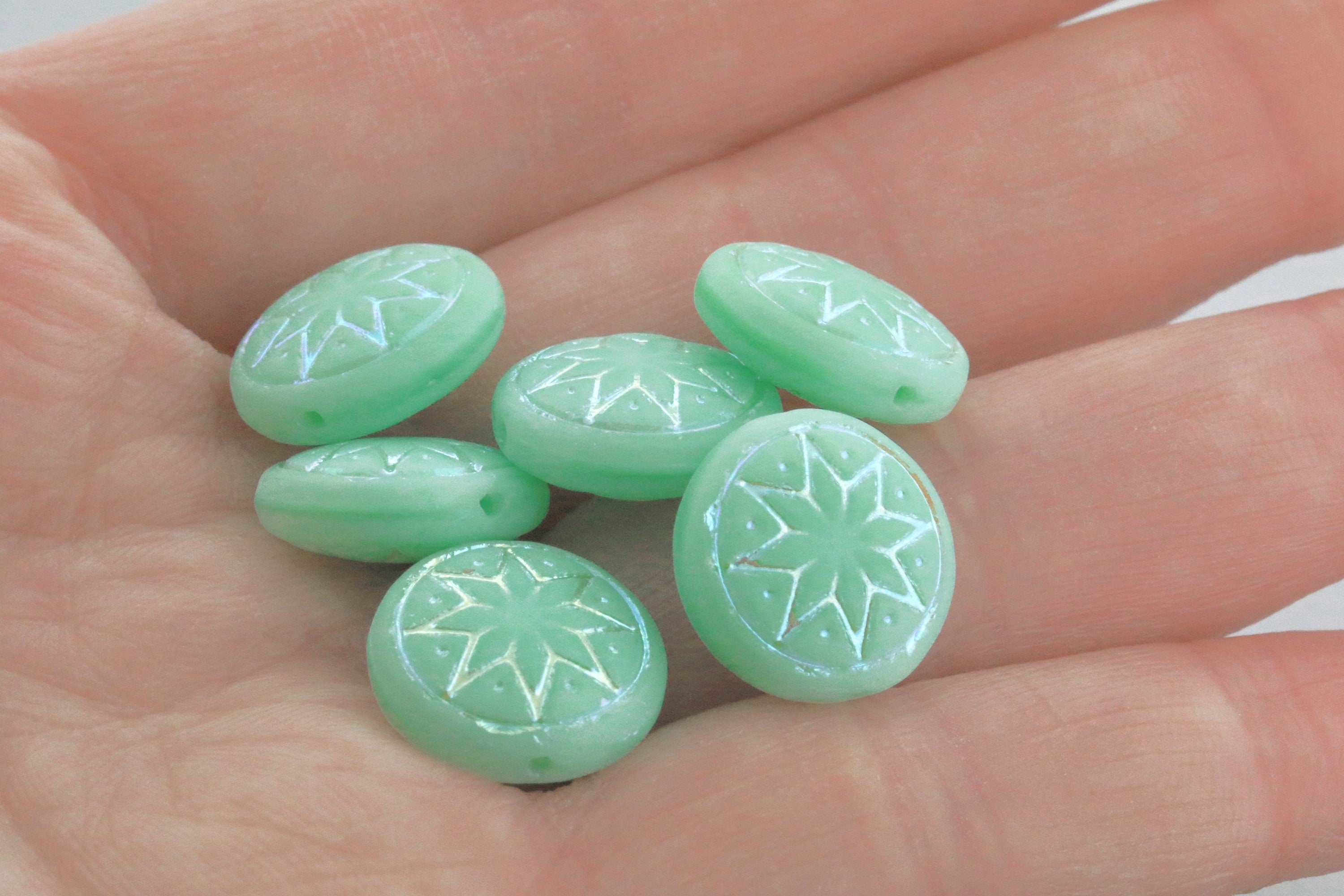 6pcs Czech Star of Ishtar beads - pressed Czech glass puffed coins - FROSTED Pale Mint Jadeite AB - 13mm