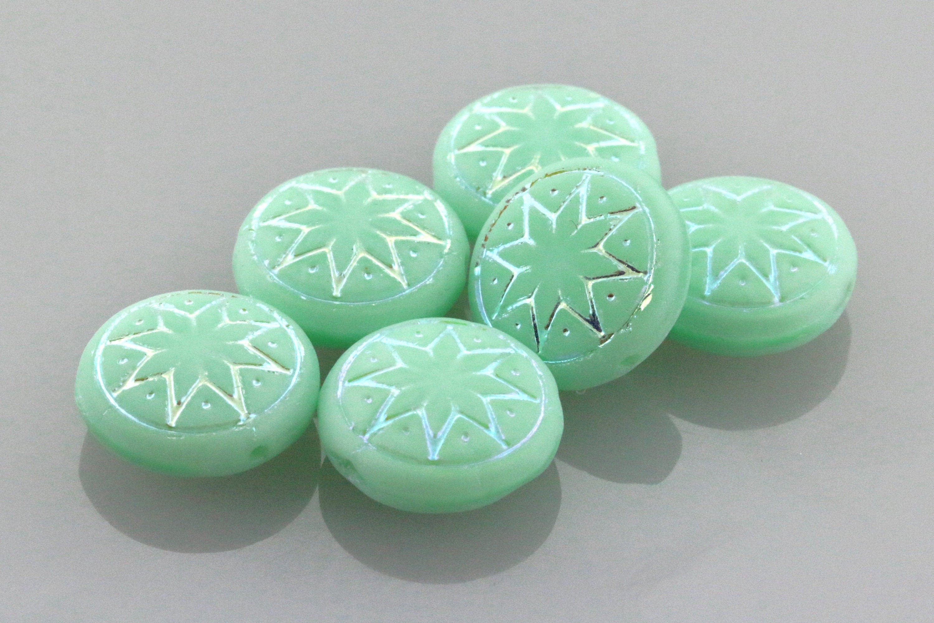 6pcs Czech Star of Ishtar beads - pressed Czech glass puffed coins - FROSTED Pale Mint Jadeite AB - 13mm