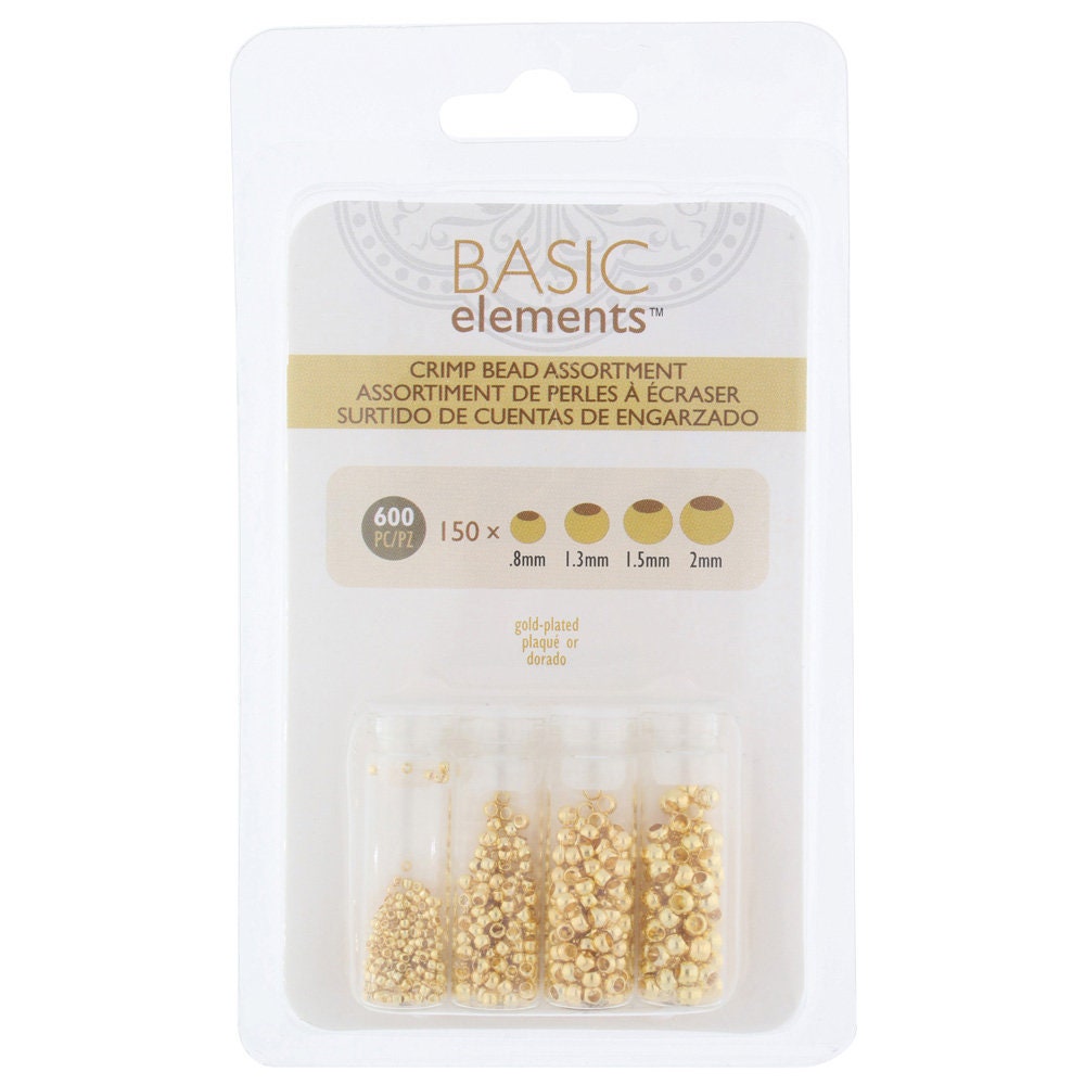 Gold Plated Crimp Beads, Basic Elements by Beadsmith, 4 Size Variety Pack, 600 Pieces