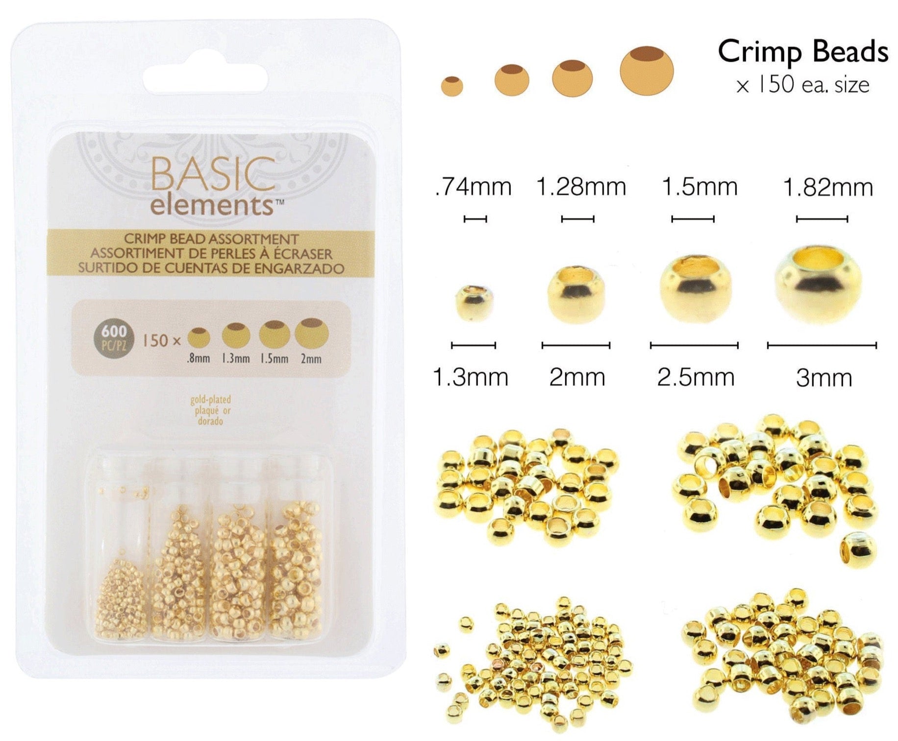 Gold Plated Crimp Beads, Basic Elements by Beadsmith, 4 Size Variety Pack, 600 Pieces