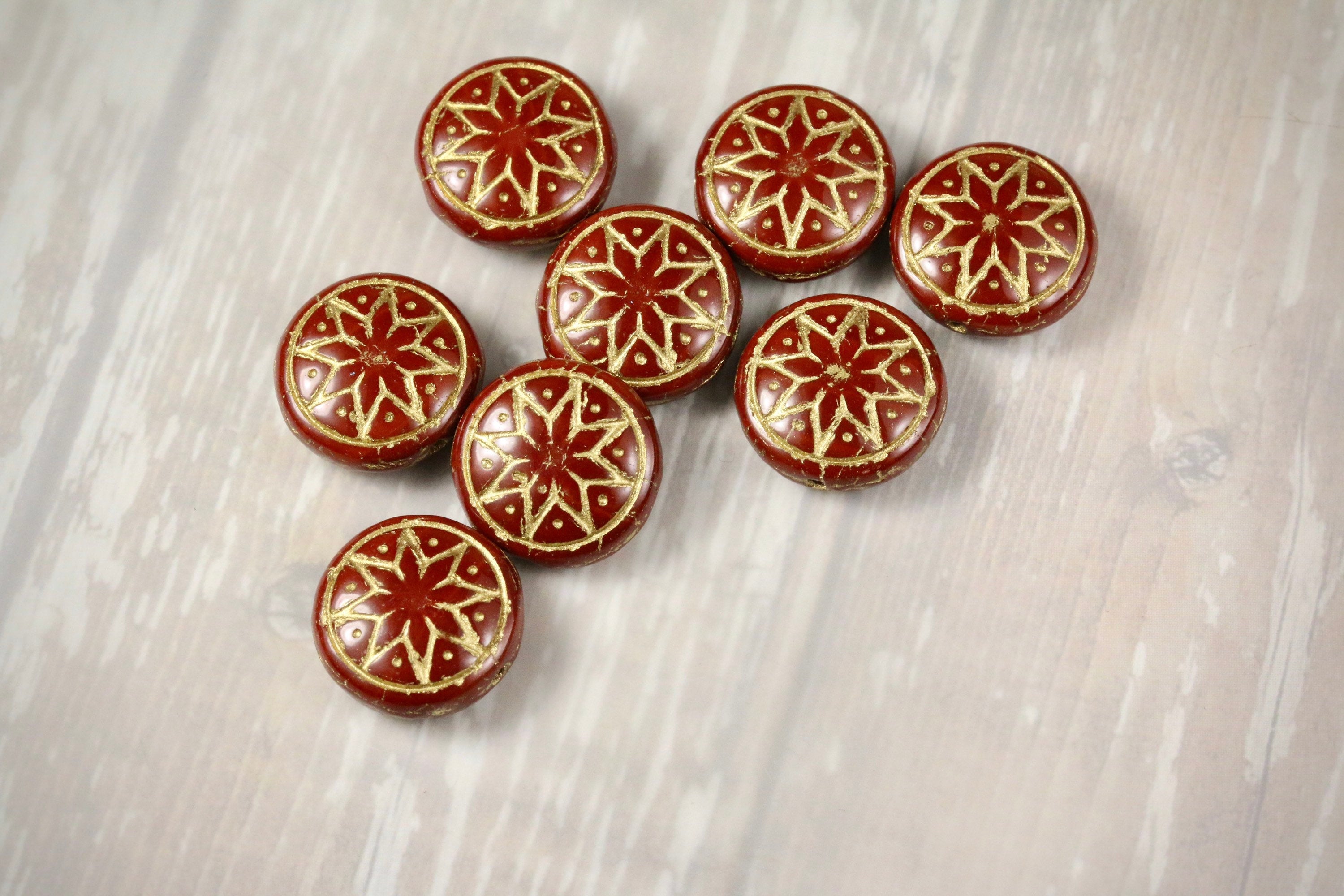 6pcs Czech Star of Ishtar beads - pressed Czech glass puffed coins - Umber / Chocolate GOLD wash - 13mm