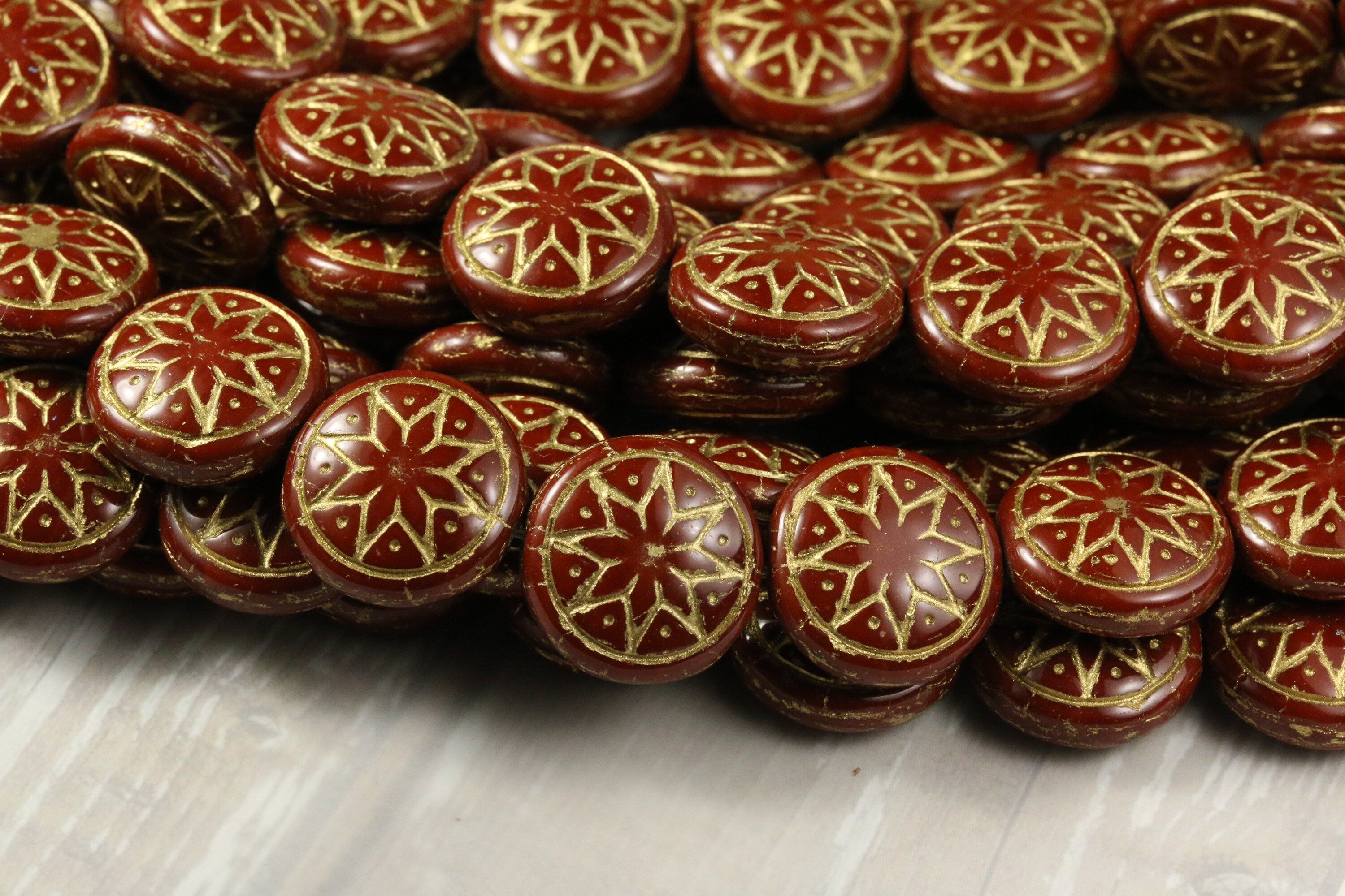 6pcs Czech Star of Ishtar beads - pressed Czech glass puffed coins - Umber / Chocolate GOLD wash - 13mm