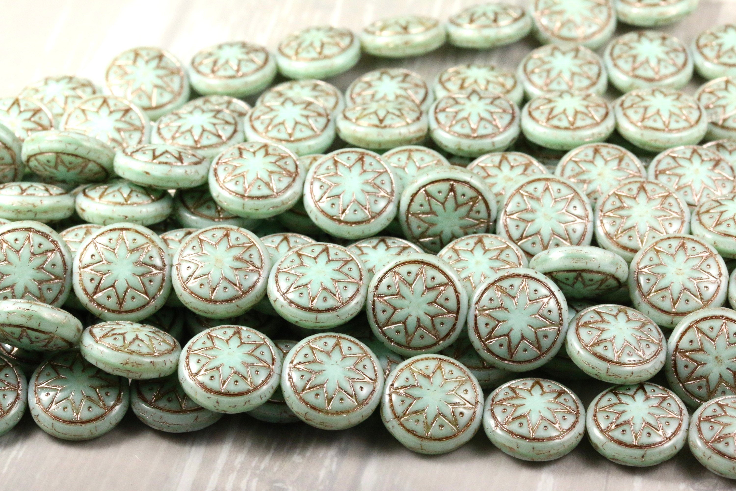 6pcs Czech Star of Ishtar beads - pressed Czech glass puffed coins - Pale Jade PLATINUM Wash - 13mm