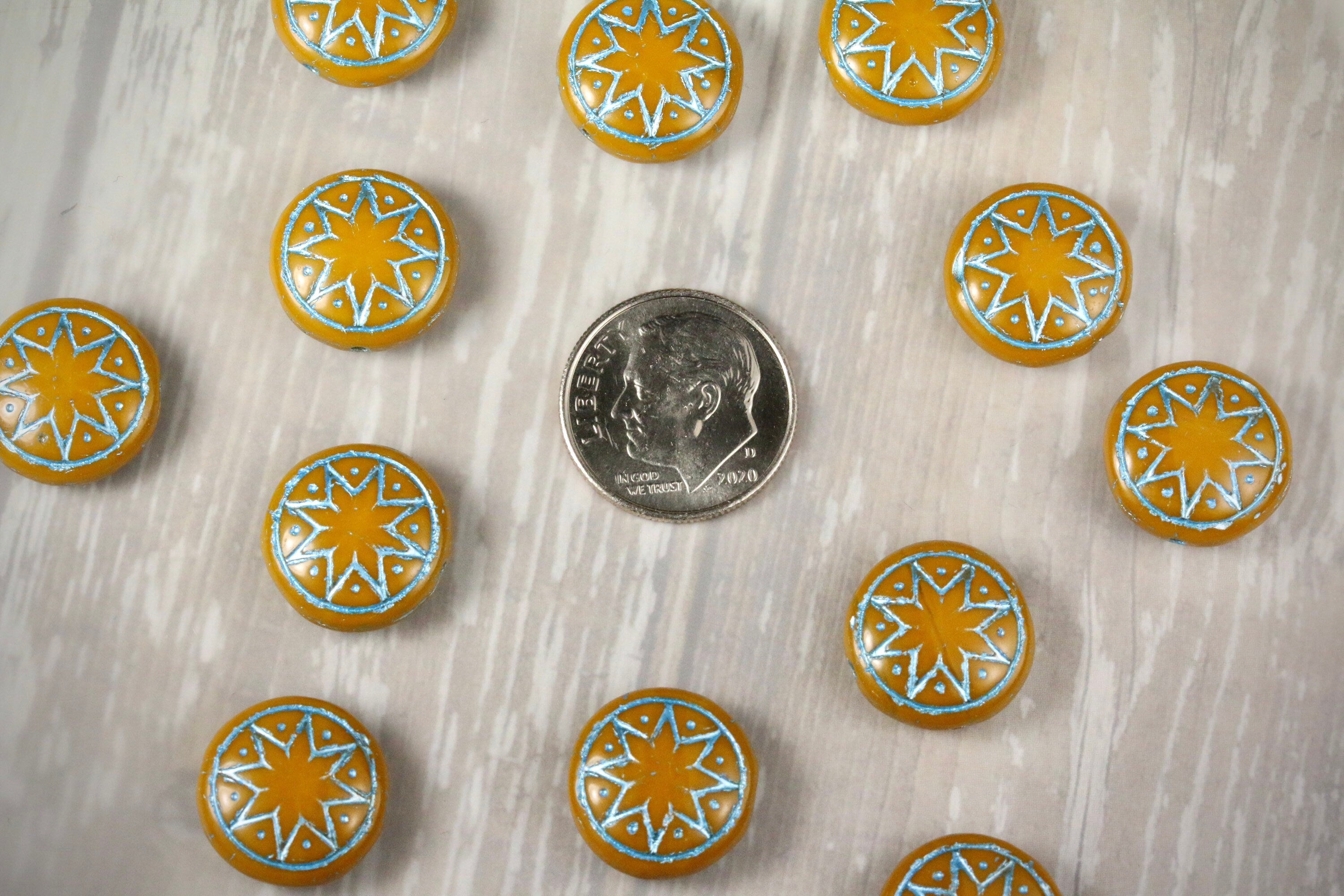 6pcs Czech Star of Ishtar beads - pressed Czech glass puffed coins - Opaque Ocher with METALLIC TURQUOISE wash - 13mm