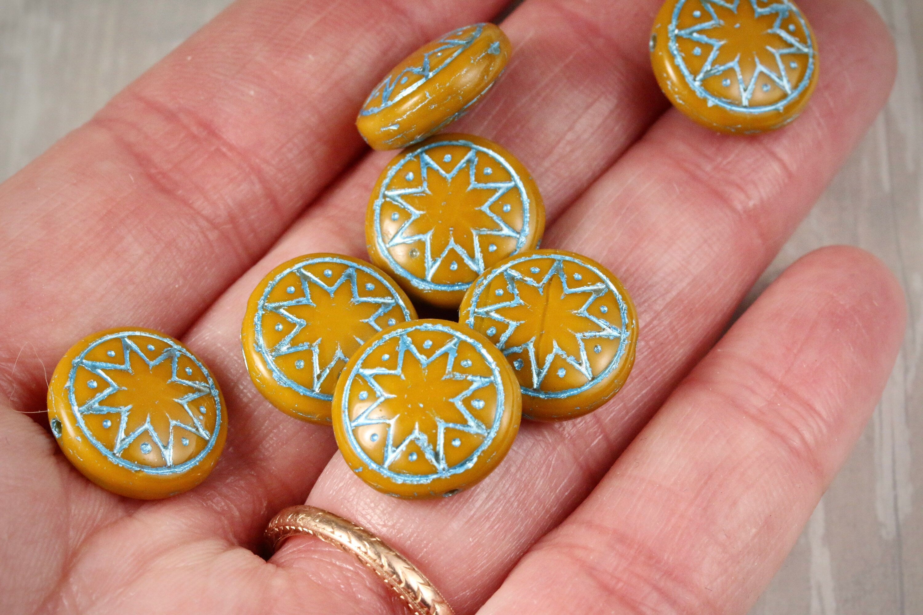 6pcs Czech Star of Ishtar beads - pressed Czech glass puffed coins - Opaque Ocher with METALLIC TURQUOISE wash - 13mm