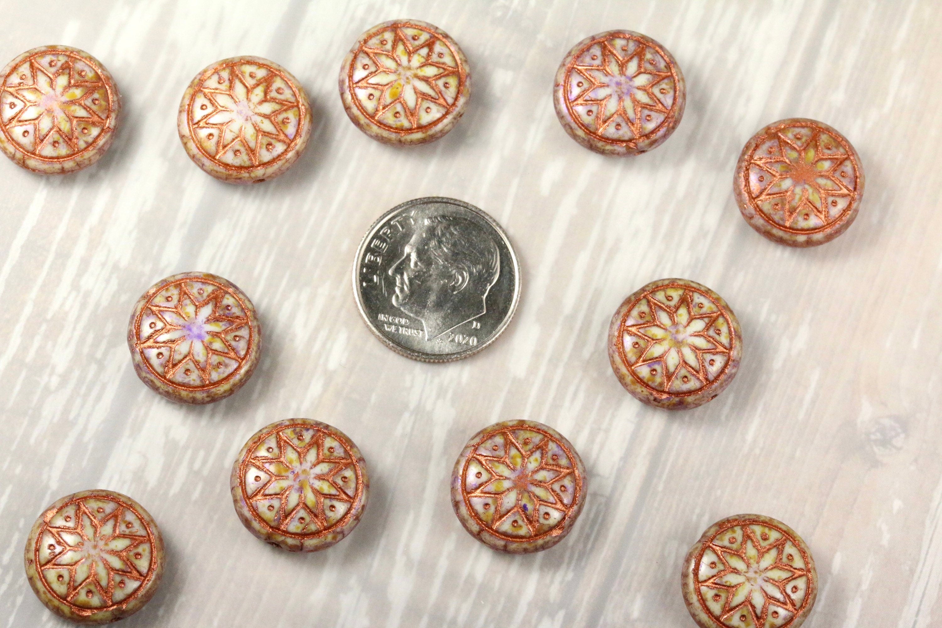 6pcs Czech Star of Ishtar beads - pressed Czech glass puffed coins - Alabaster Lilac with METALLIC COPPER wash - 13mm