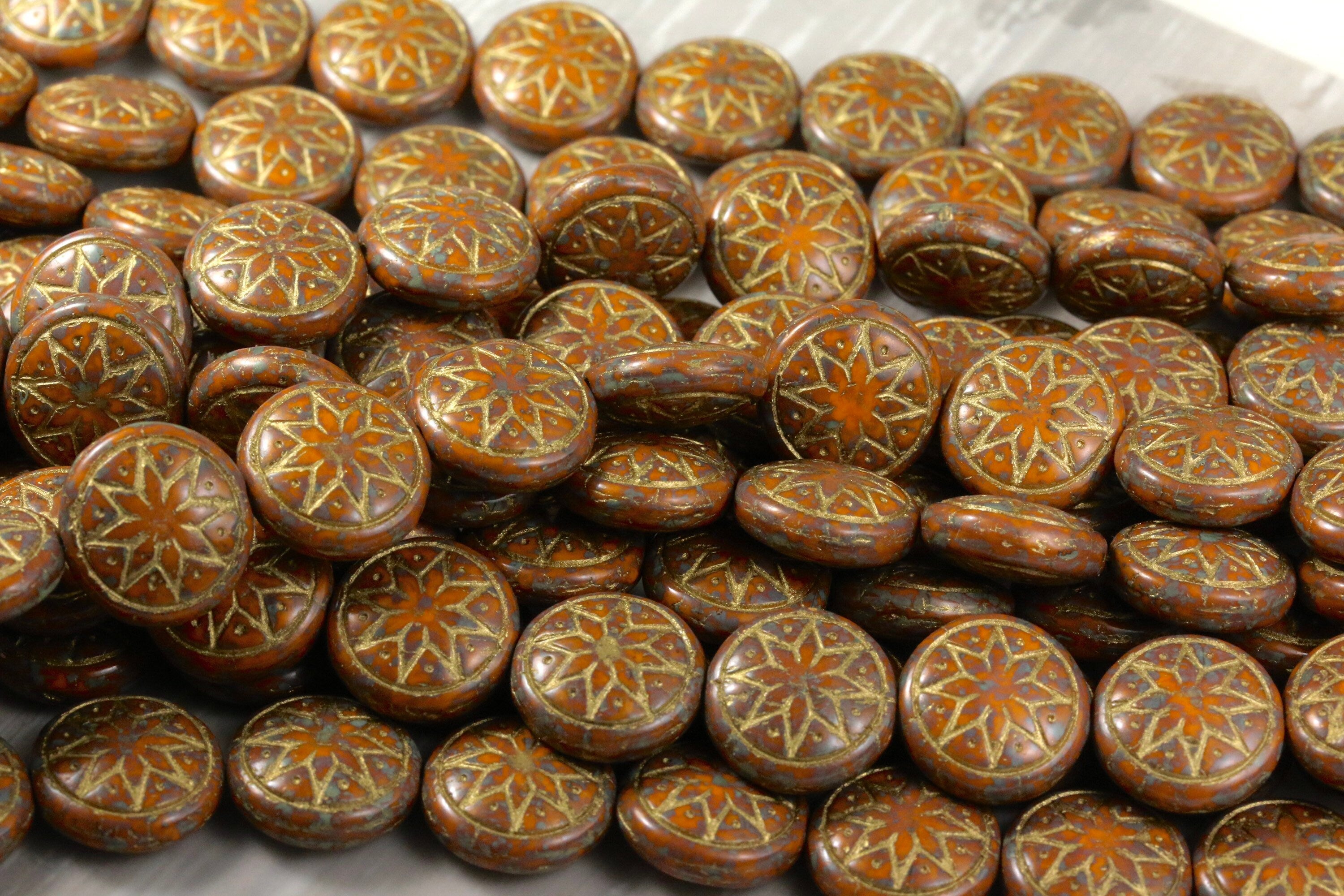 6pcs Czech Star of Ishtar beads - pressed Czech glass puffed coins - Opaque Goldenrod TRAVERTINE METALLIC GOLD wash - 13mm