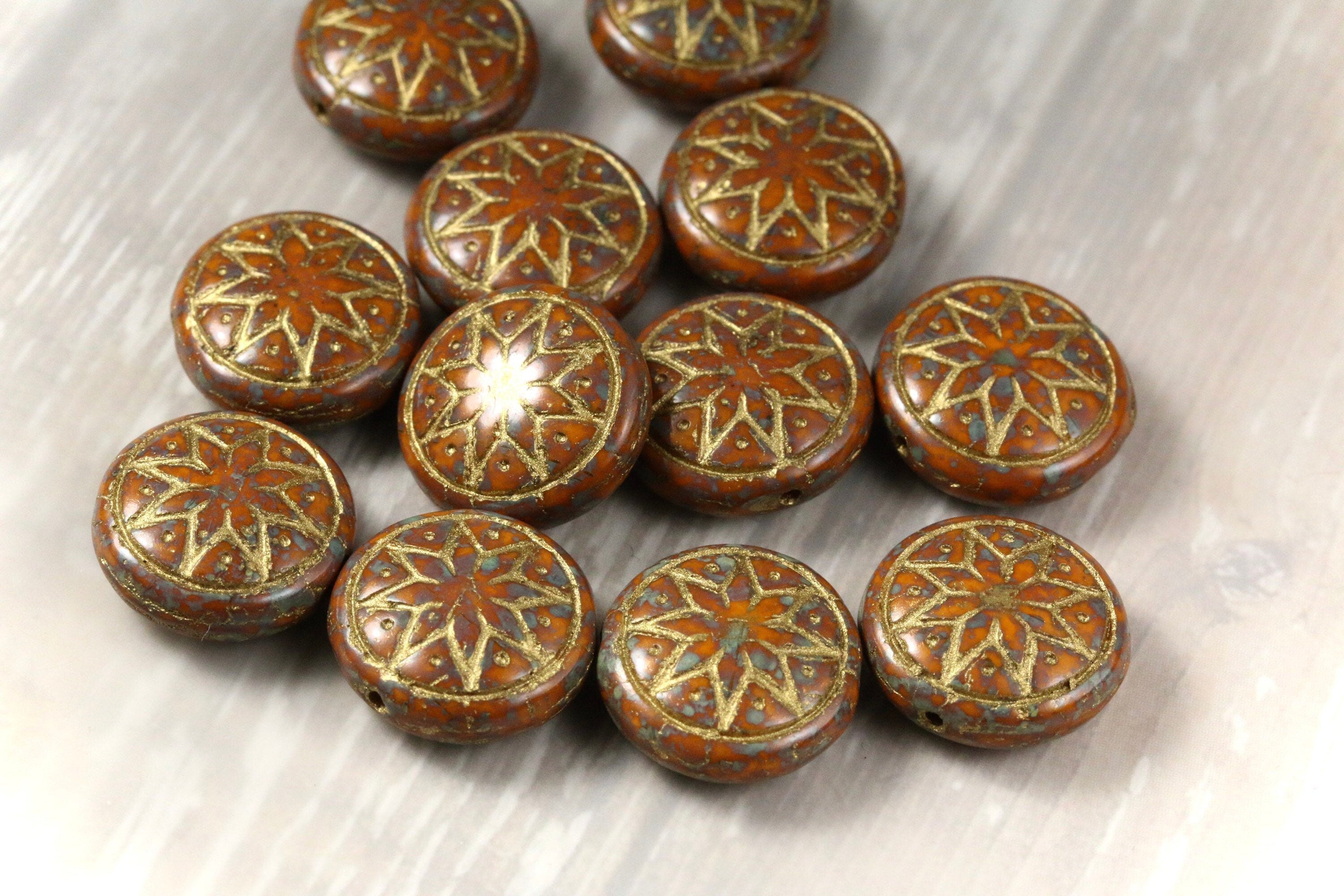 6pcs Czech Star of Ishtar beads - pressed Czech glass puffed coins - Opaque Goldenrod TRAVERTINE METALLIC GOLD wash - 13mm