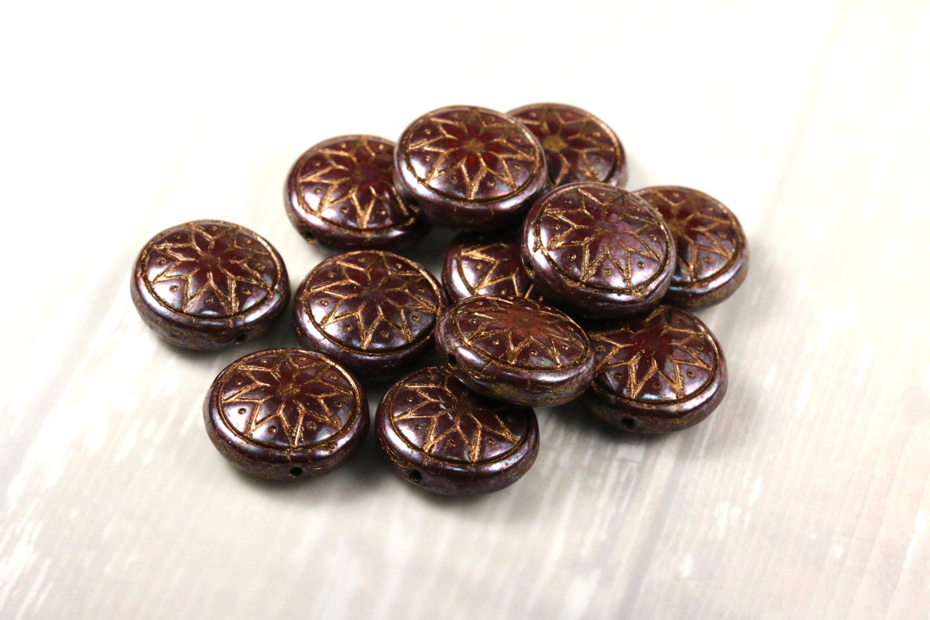 6pcs Czech Star of Ishtar beads - pressed Czech glass puffed coins - Umber / Chocolate NEBULA BRONZE wash - 13mm