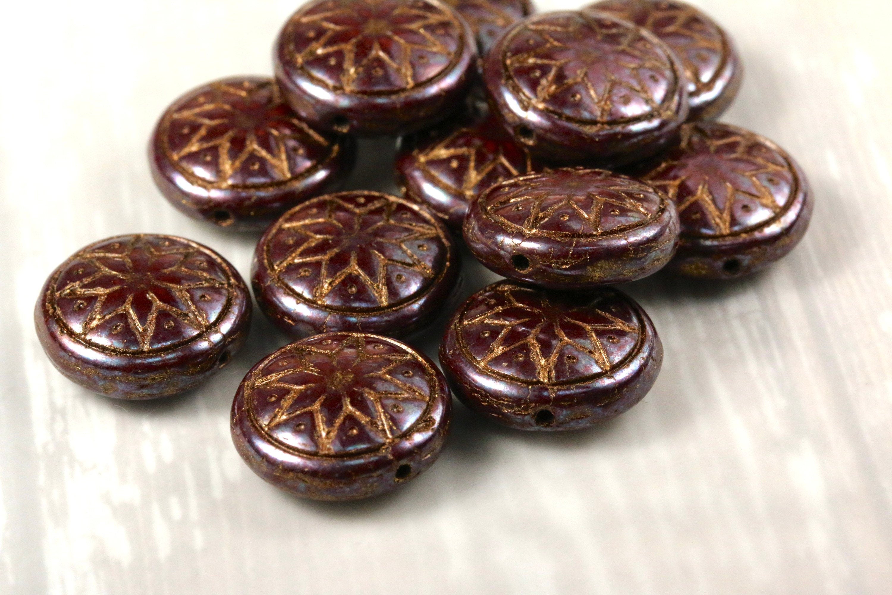 6pcs Czech Star of Ishtar beads - pressed Czech glass puffed coins - Umber / Chocolate NEBULA BRONZE wash - 13mm