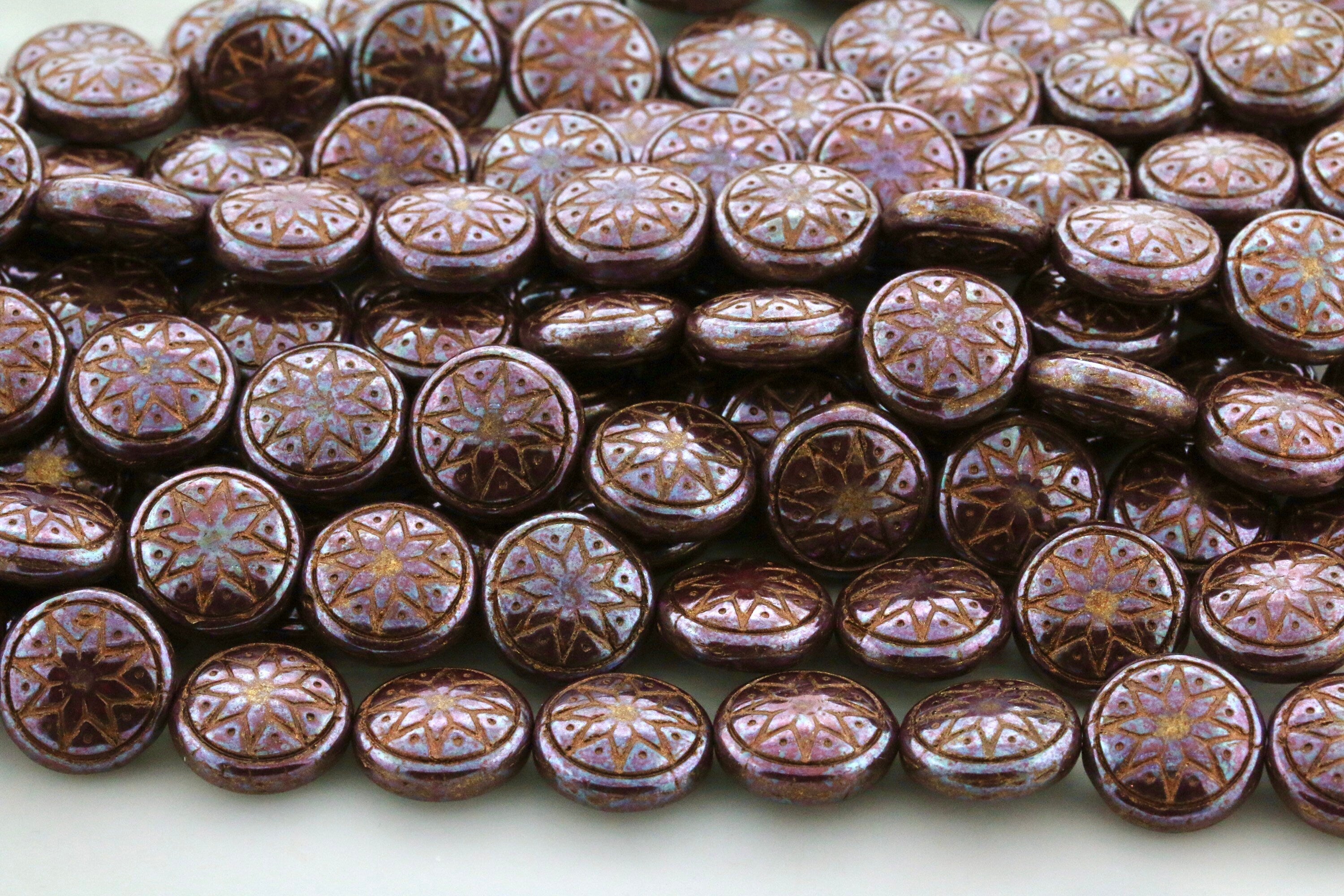 6pcs Czech Star of Ishtar beads - pressed Czech glass puffed coins - Umber / Chocolate NEBULA BRONZE wash - 13mm