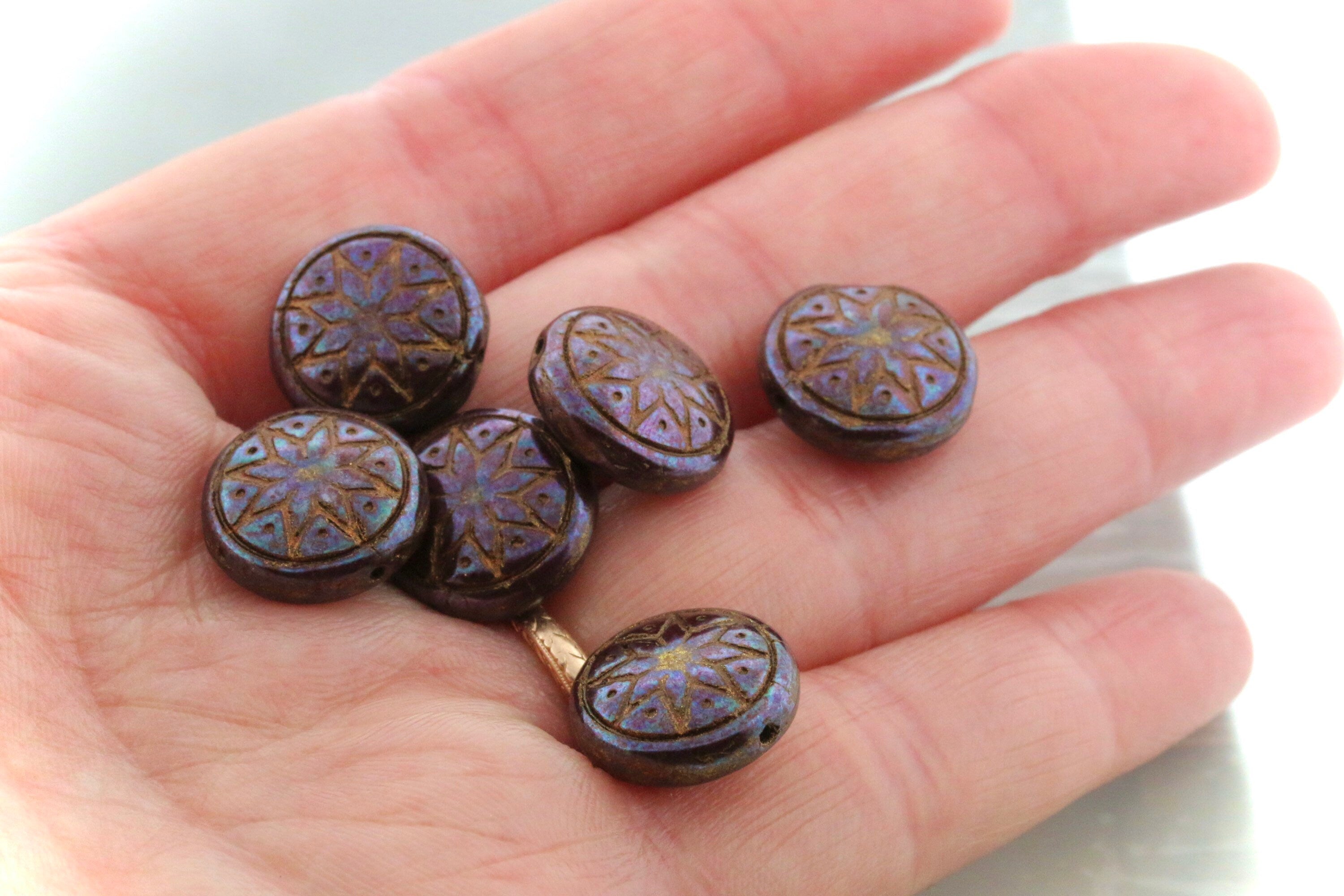 6pcs Czech Star of Ishtar beads - pressed Czech glass puffed coins - Umber / Chocolate NEBULA BRONZE wash - 13mm