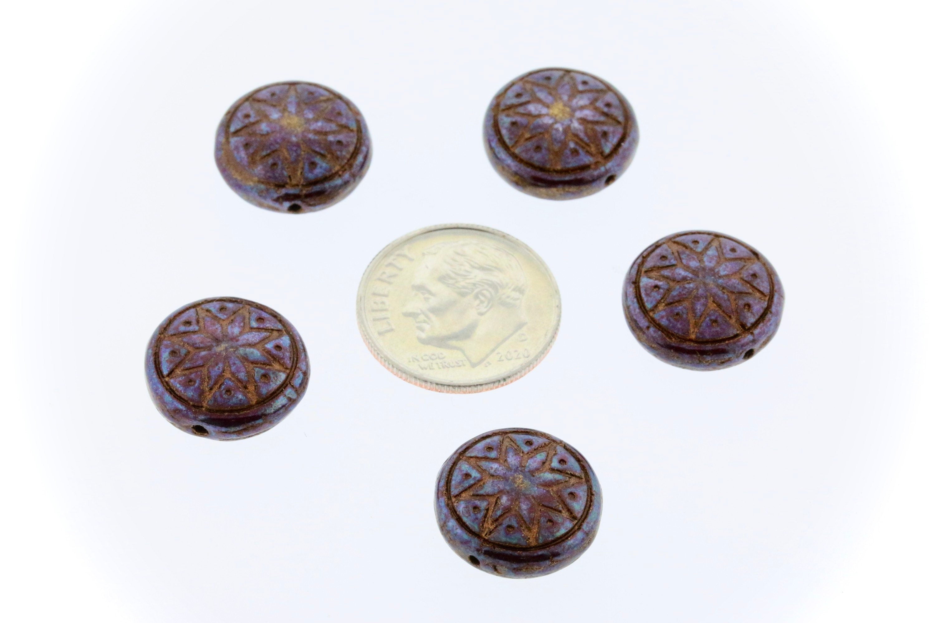 6pcs Czech Star of Ishtar beads - pressed Czech glass puffed coins - Umber / Chocolate NEBULA BRONZE wash - 13mm