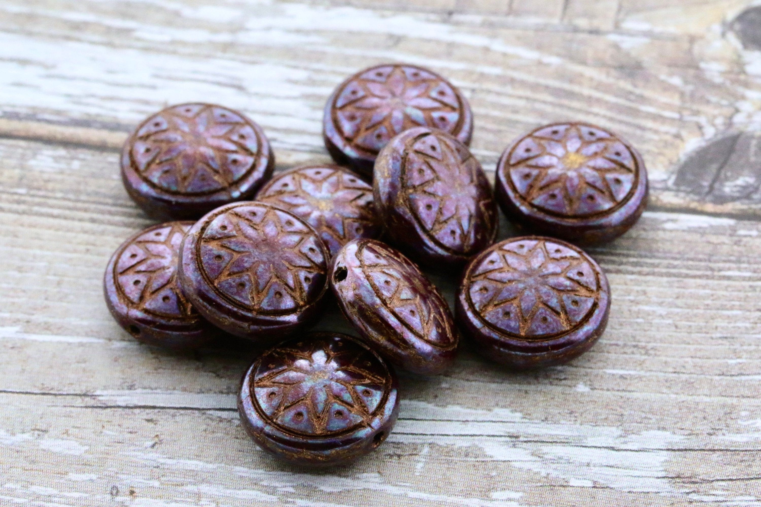 6pcs Czech Star of Ishtar beads - pressed Czech glass puffed coins - Umber / Chocolate NEBULA BRONZE wash - 13mm