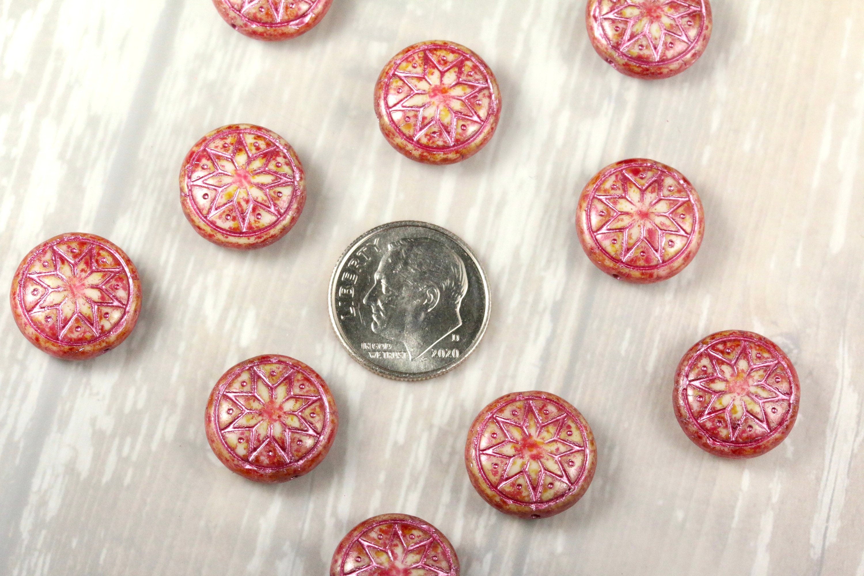 6pcs Czech Star of Ishtar beads - pressed Czech glass puffed coins - Alabaster CHILI with METALLIC PINK wash - 13mm