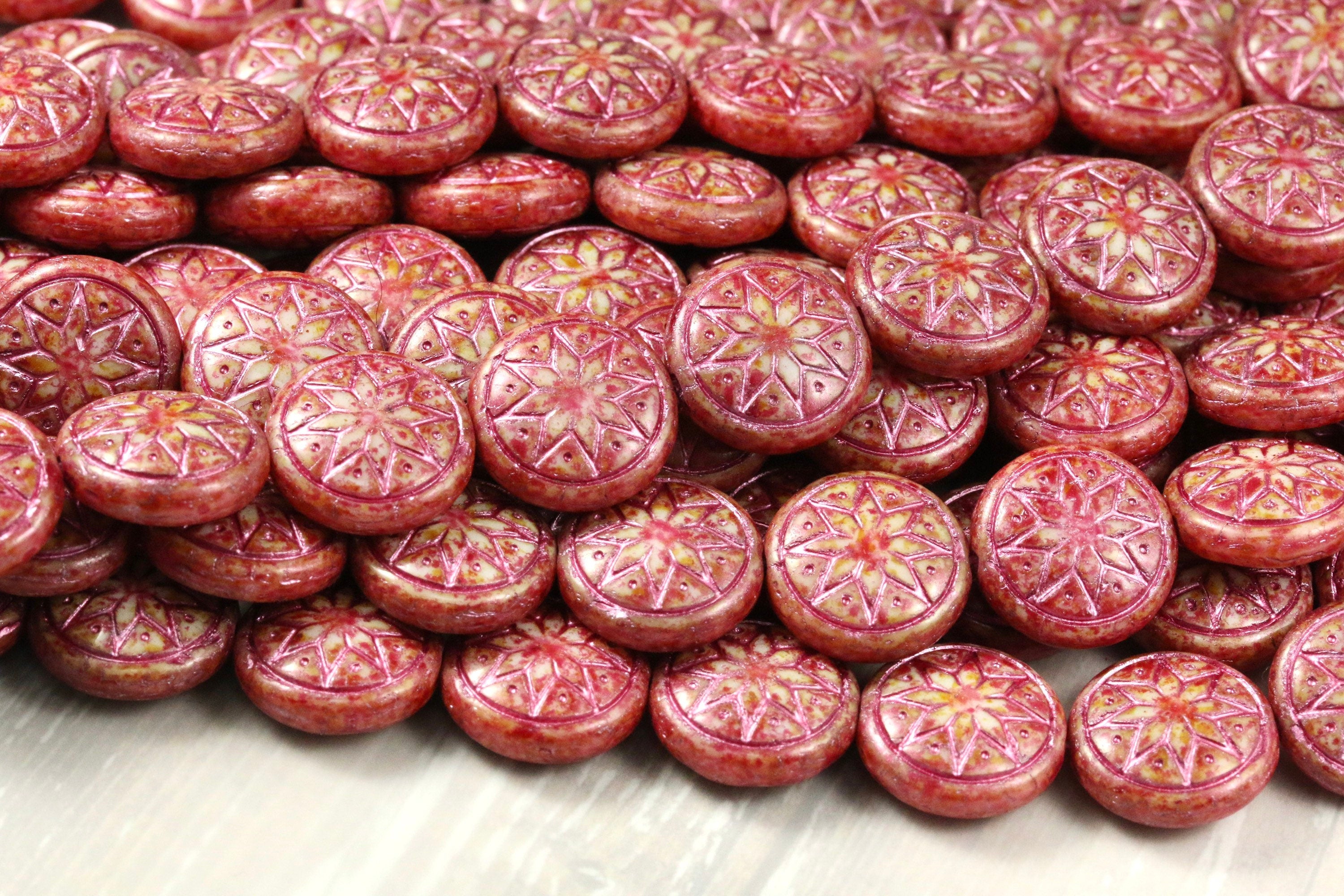 6pcs Czech Star of Ishtar beads - pressed Czech glass puffed coins - Alabaster CHILI with METALLIC PINK wash - 13mm