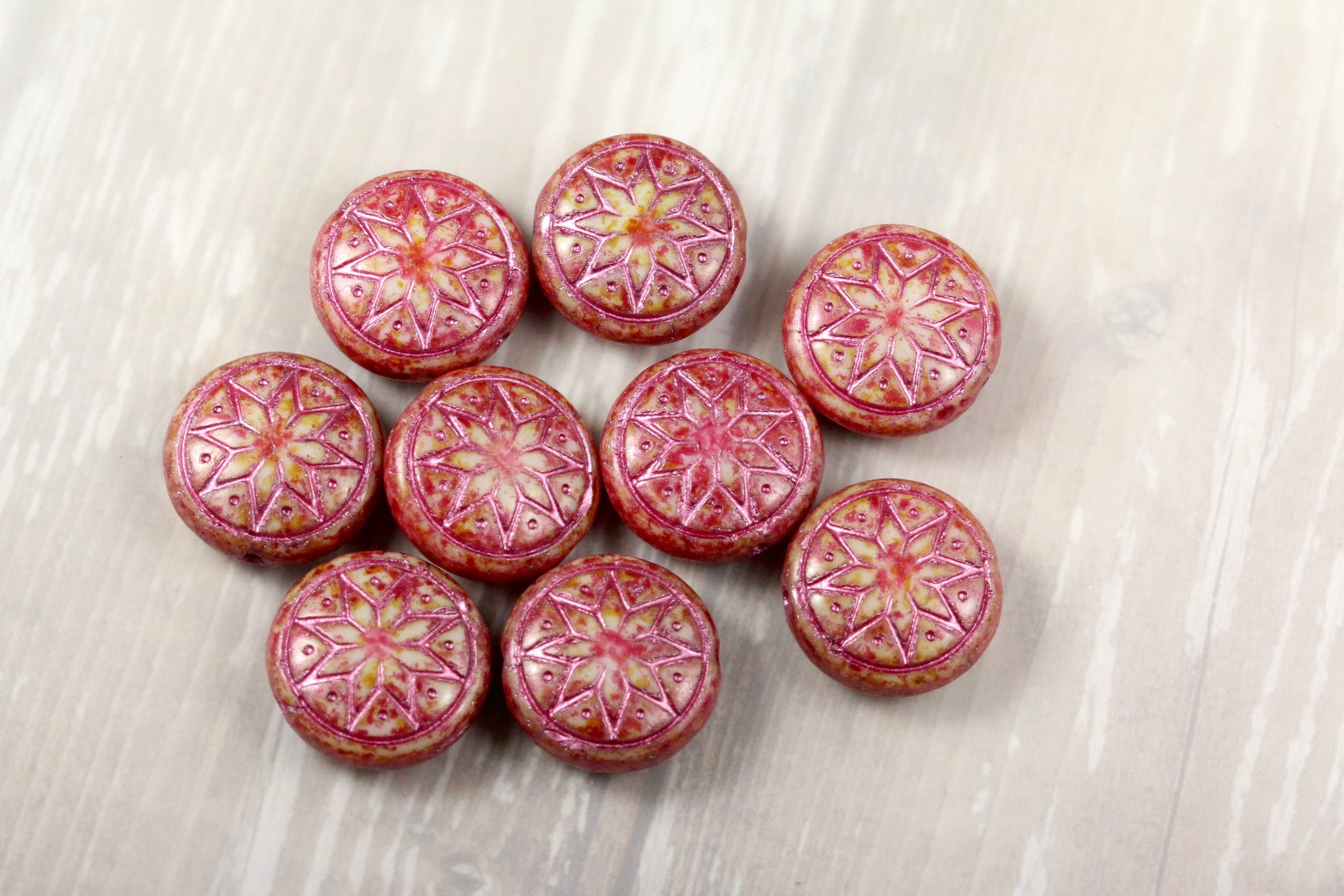 6pcs Czech Star of Ishtar beads - pressed Czech glass puffed coins - Alabaster CHILI with METALLIC PINK wash - 13mm