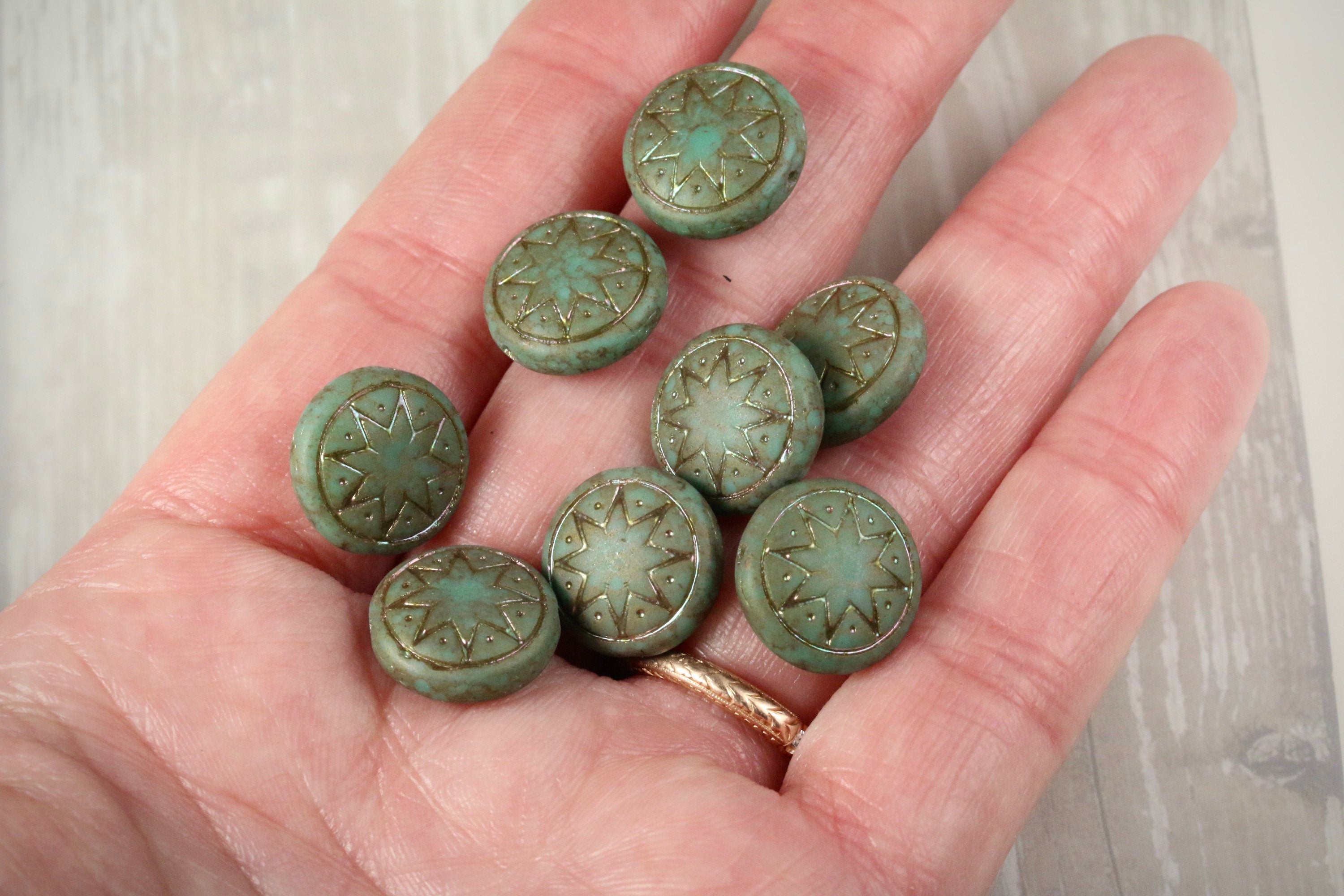 6pcs Czech Star of Ishtar beads - pressed Czech glass puffed coins - Opaque Green Jade MATTE TERACOTA APRICOT - 13mm