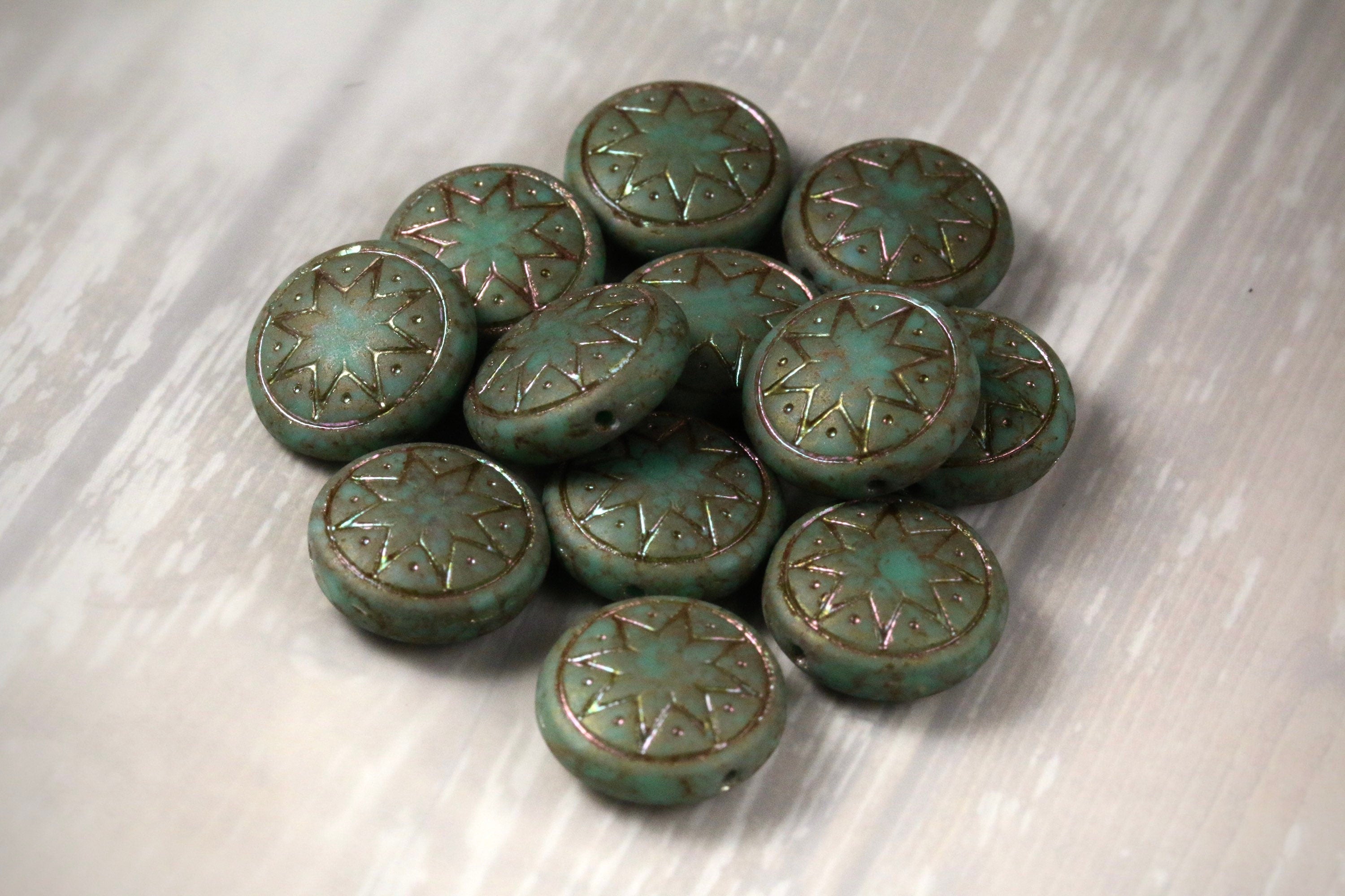 6pcs Czech Star of Ishtar beads - pressed Czech glass puffed coins - Opaque Green Jade MATTE TERACOTA APRICOT - 13mm