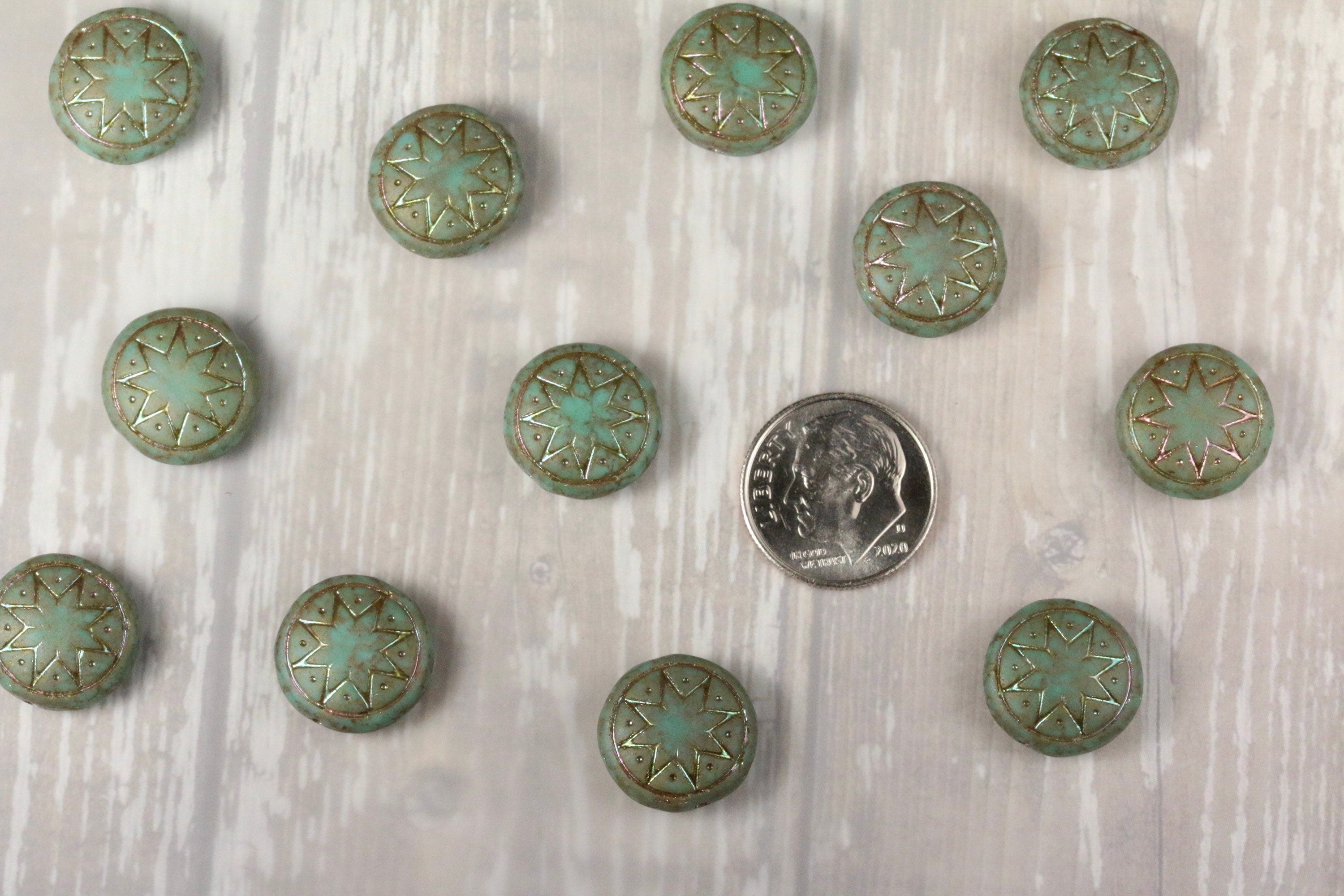 6pcs Czech Star of Ishtar beads - pressed Czech glass puffed coins - Opaque Green Jade MATTE TERACOTA APRICOT - 13mm