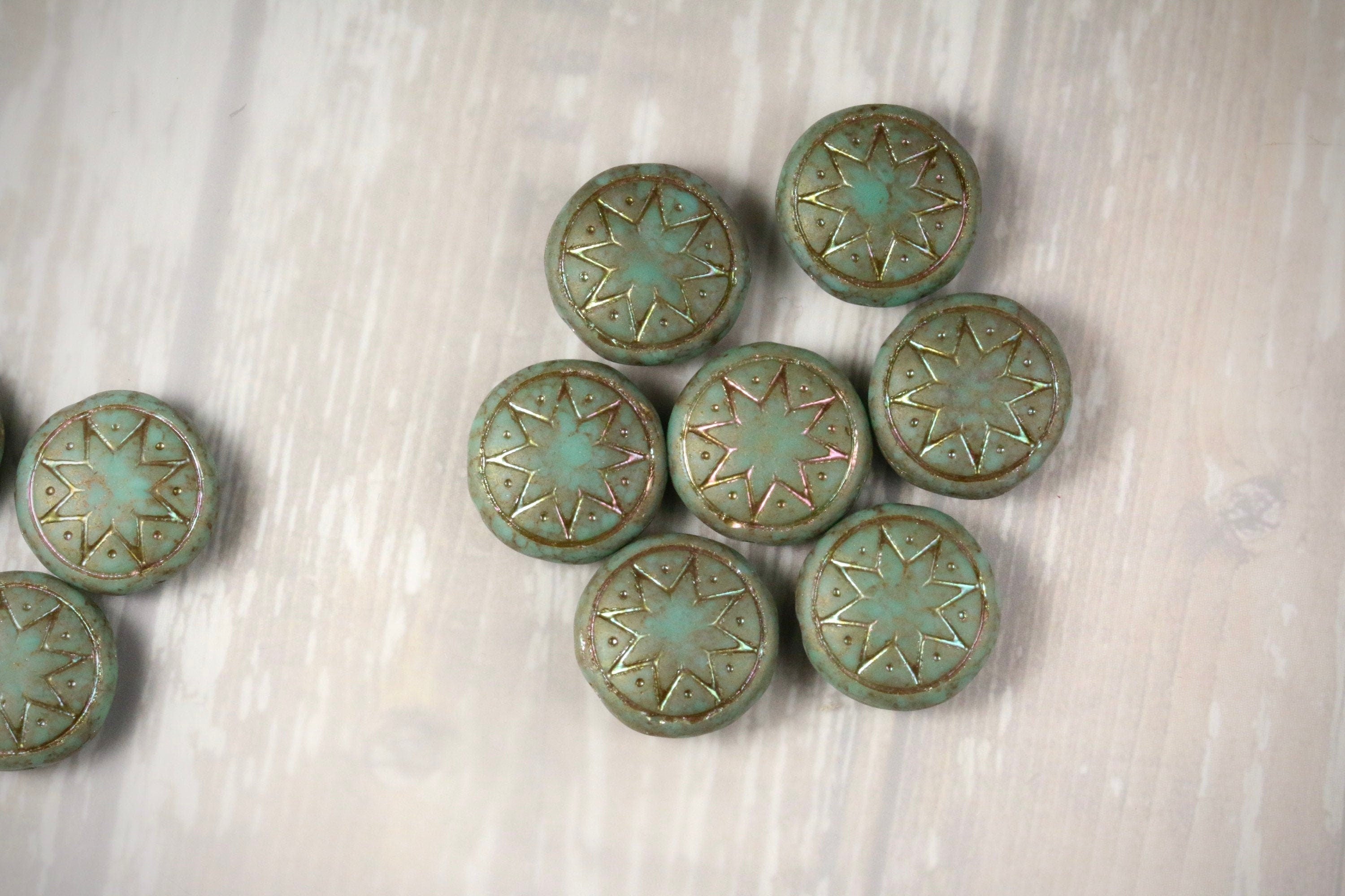 6pcs Czech Star of Ishtar beads - pressed Czech glass puffed coins - Opaque Green Jade MATTE TERACOTA APRICOT - 13mm