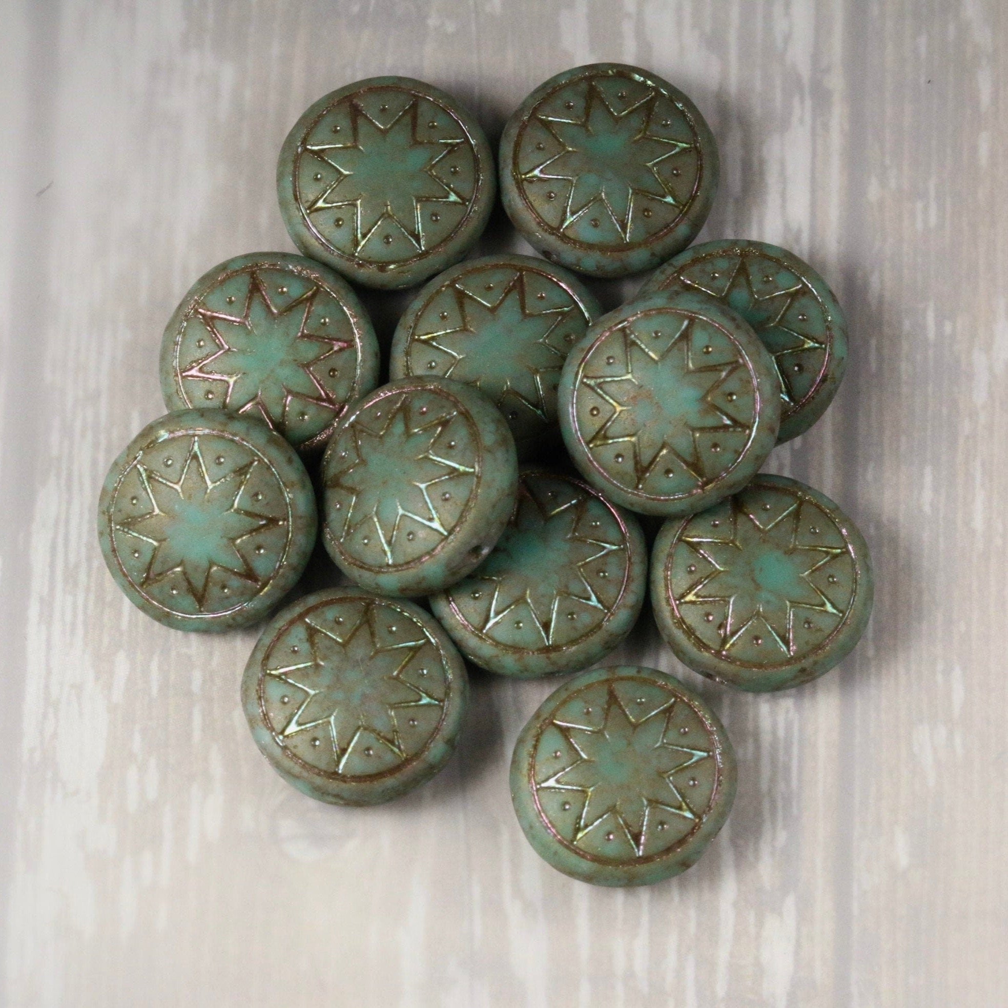 6pcs Czech Star of Ishtar beads - pressed Czech glass puffed coins - Opaque Green Jade MATTE TERACOTA APRICOT - 13mm