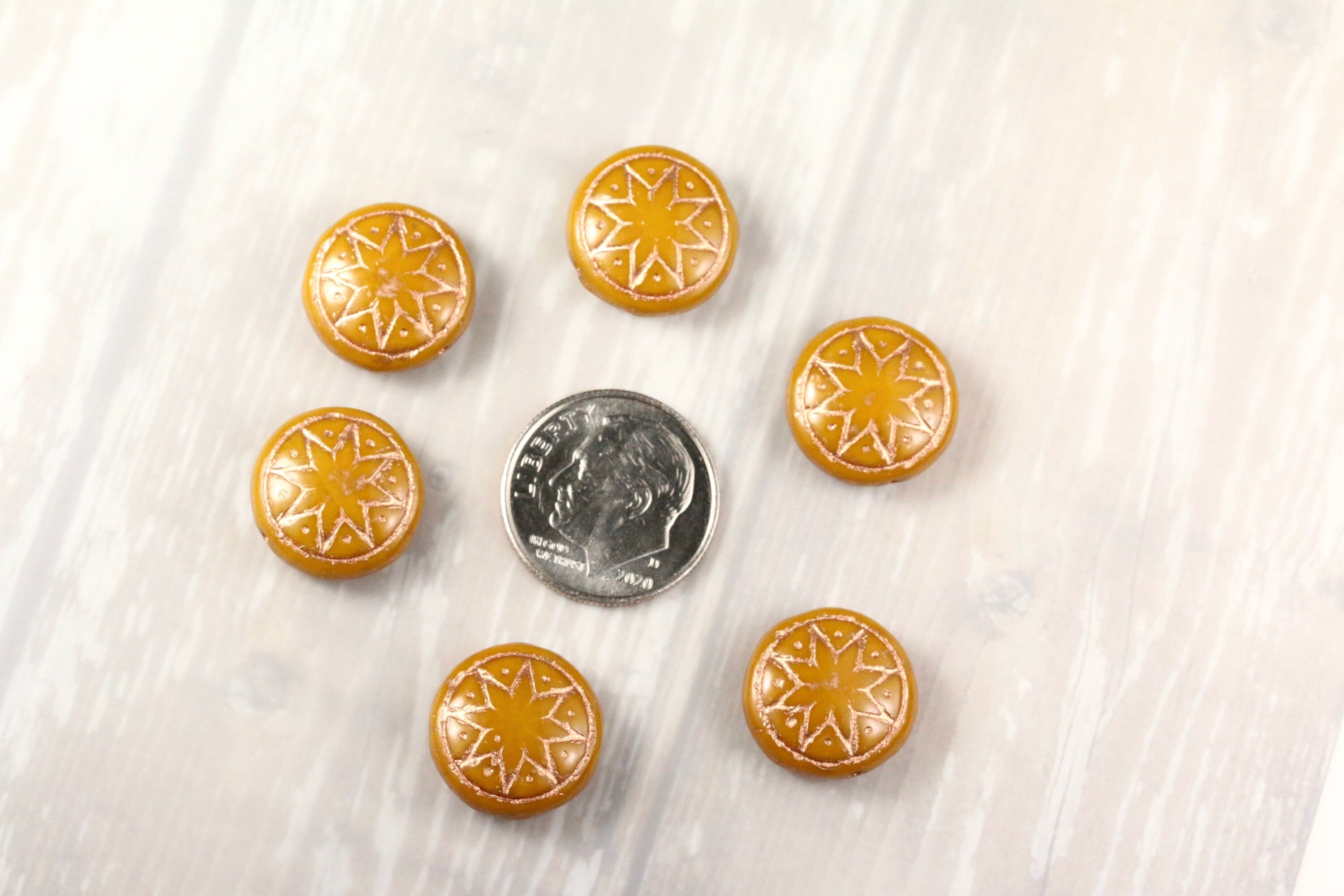 6pcs Czech Star of Ishtar beads - pressed Czech glass puffed coins - Opaque Ocher with METALLIC ROSE GOLD wash - 13mm