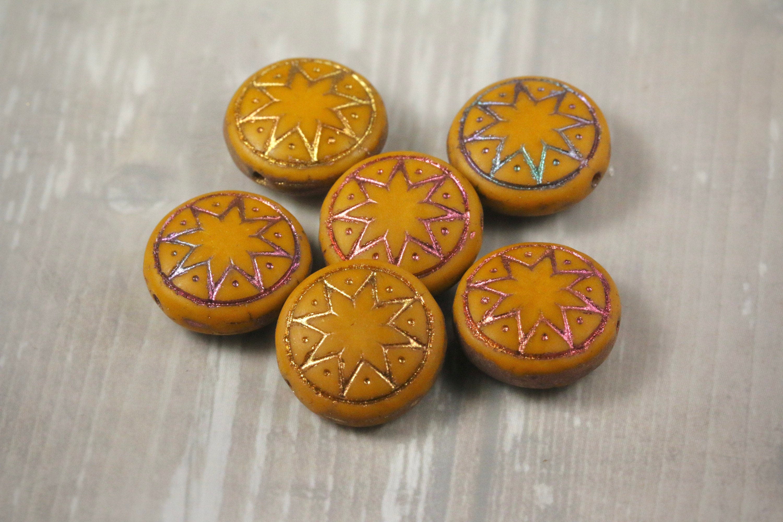 6pcs Czech Star of Ishtar beads - pressed Czech glass puffed coins - Opaque MATTED Mustard with METALLIC IRIS Gold wash - 13mm