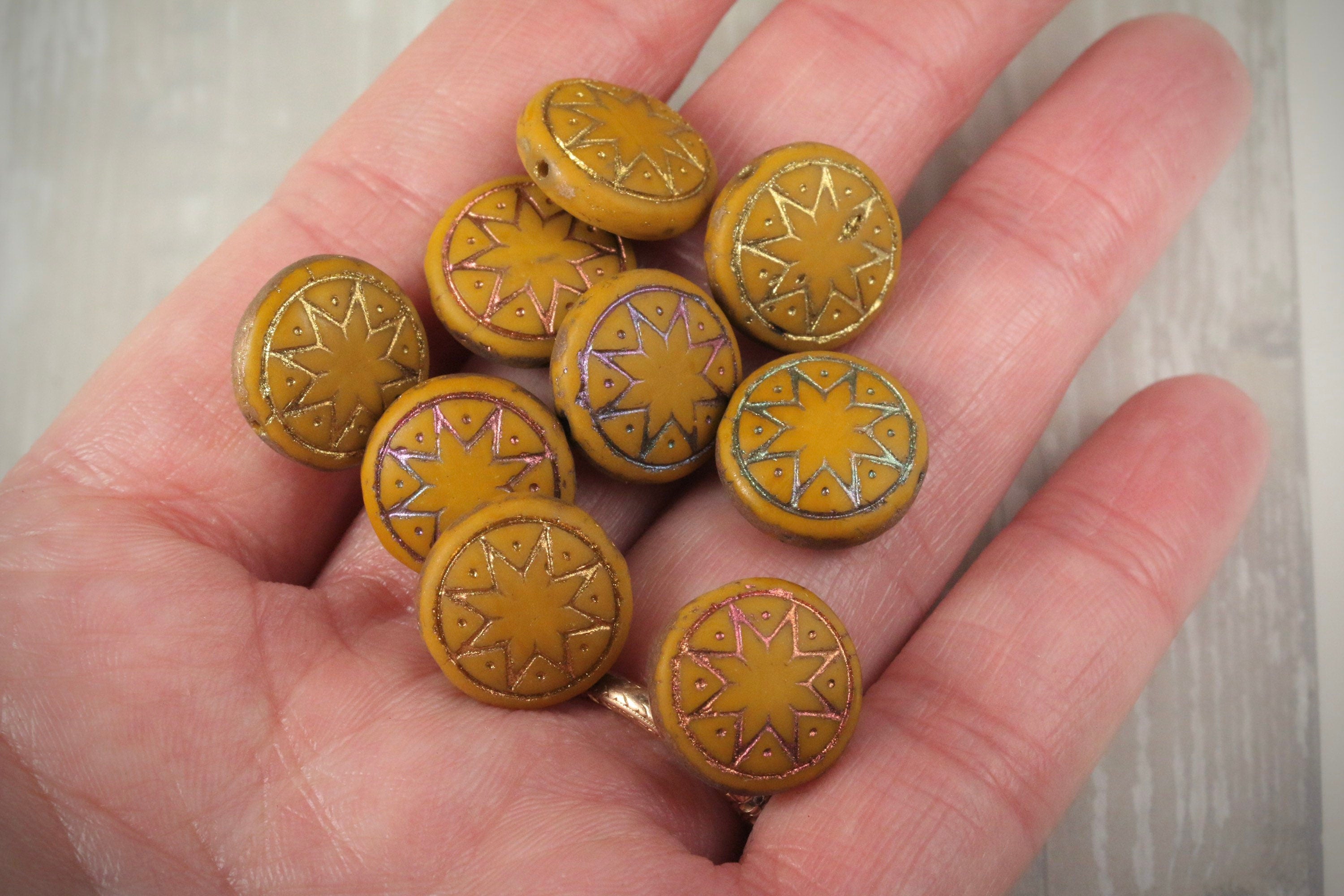 6pcs Czech Star of Ishtar beads - pressed Czech glass puffed coins - Opaque MATTED Mustard with METALLIC IRIS Gold wash - 13mm