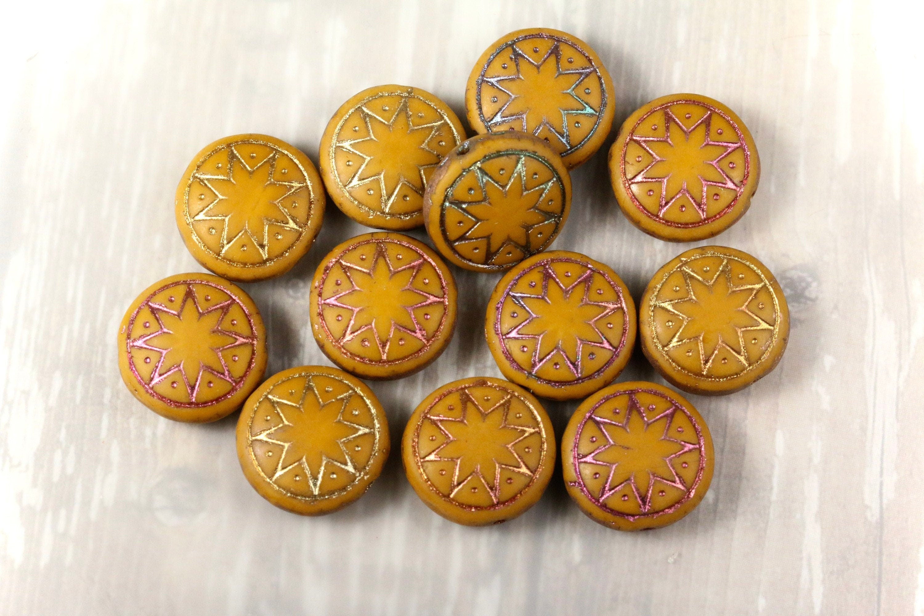 6pcs Czech Star of Ishtar beads - pressed Czech glass puffed coins - Opaque MATTED Mustard with METALLIC IRIS Gold wash - 13mm