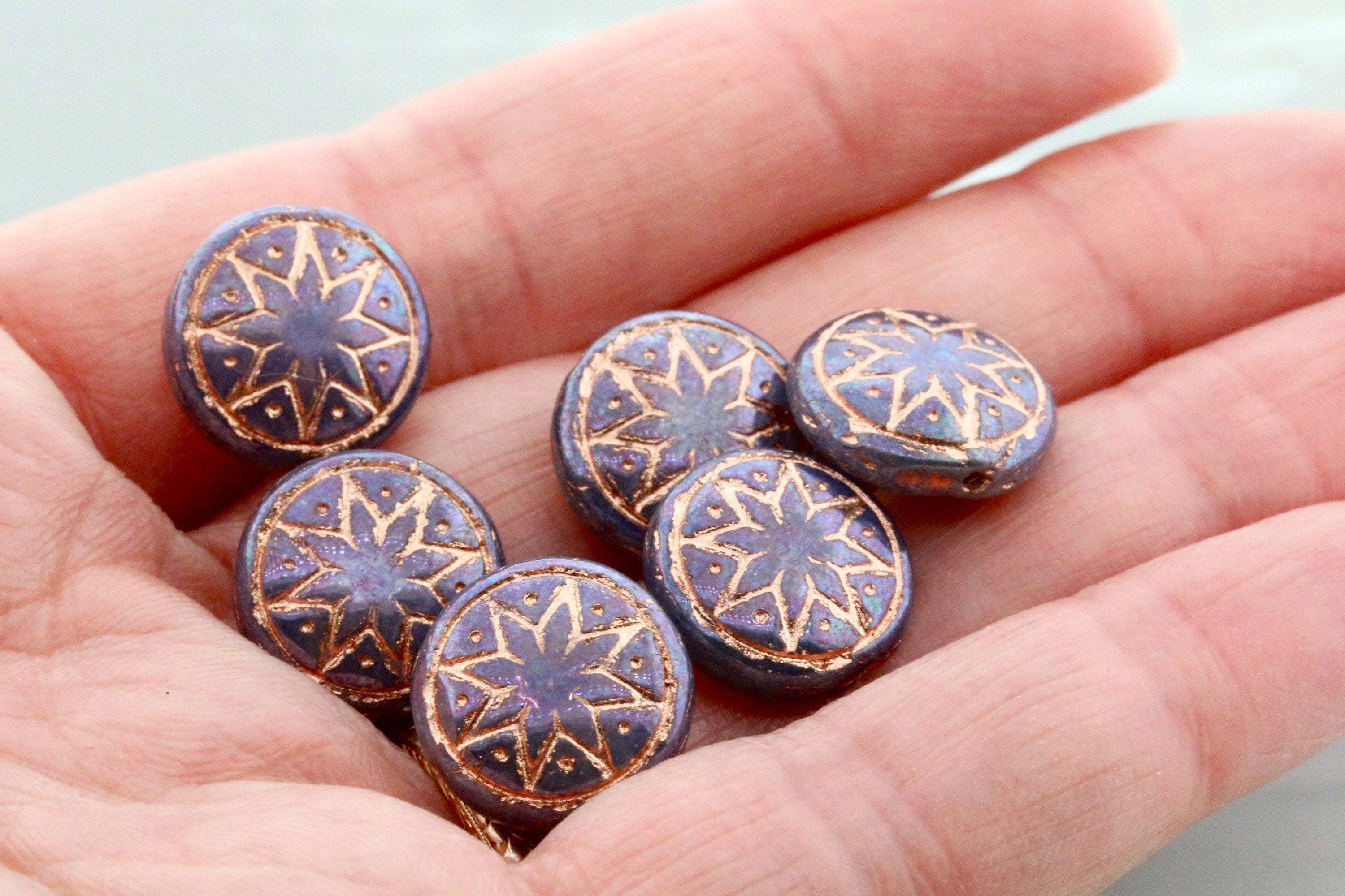 6pcs Czech Star of Ishtar beads - pressed Czech glass puffed coins - Light Pink Opal PURPLE IRIS Rose GOLD Wash - 13mm