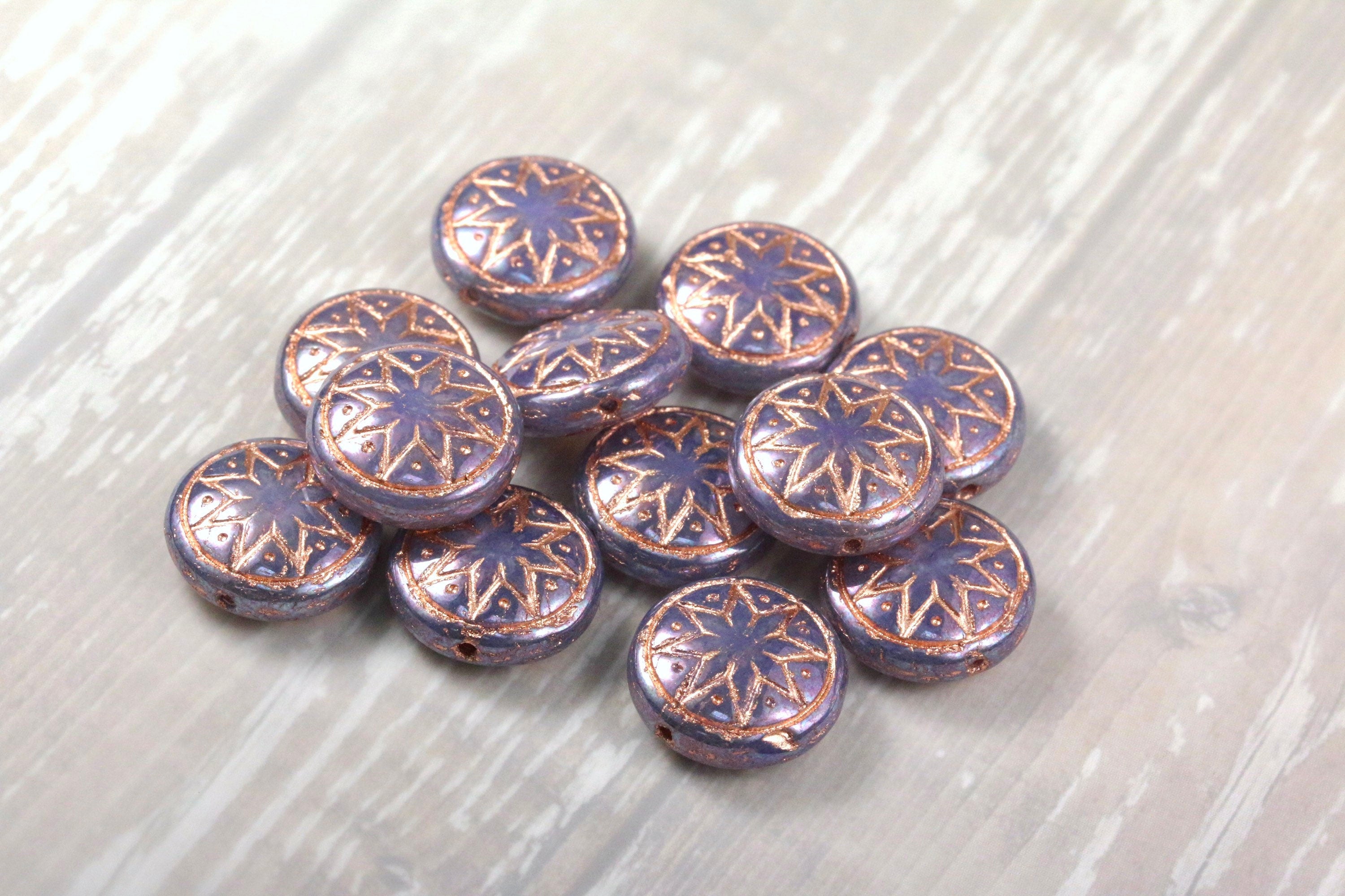 6pcs Czech Star of Ishtar beads - pressed Czech glass puffed coins - Light Pink Opal PURPLE IRIS Rose GOLD Wash - 13mm