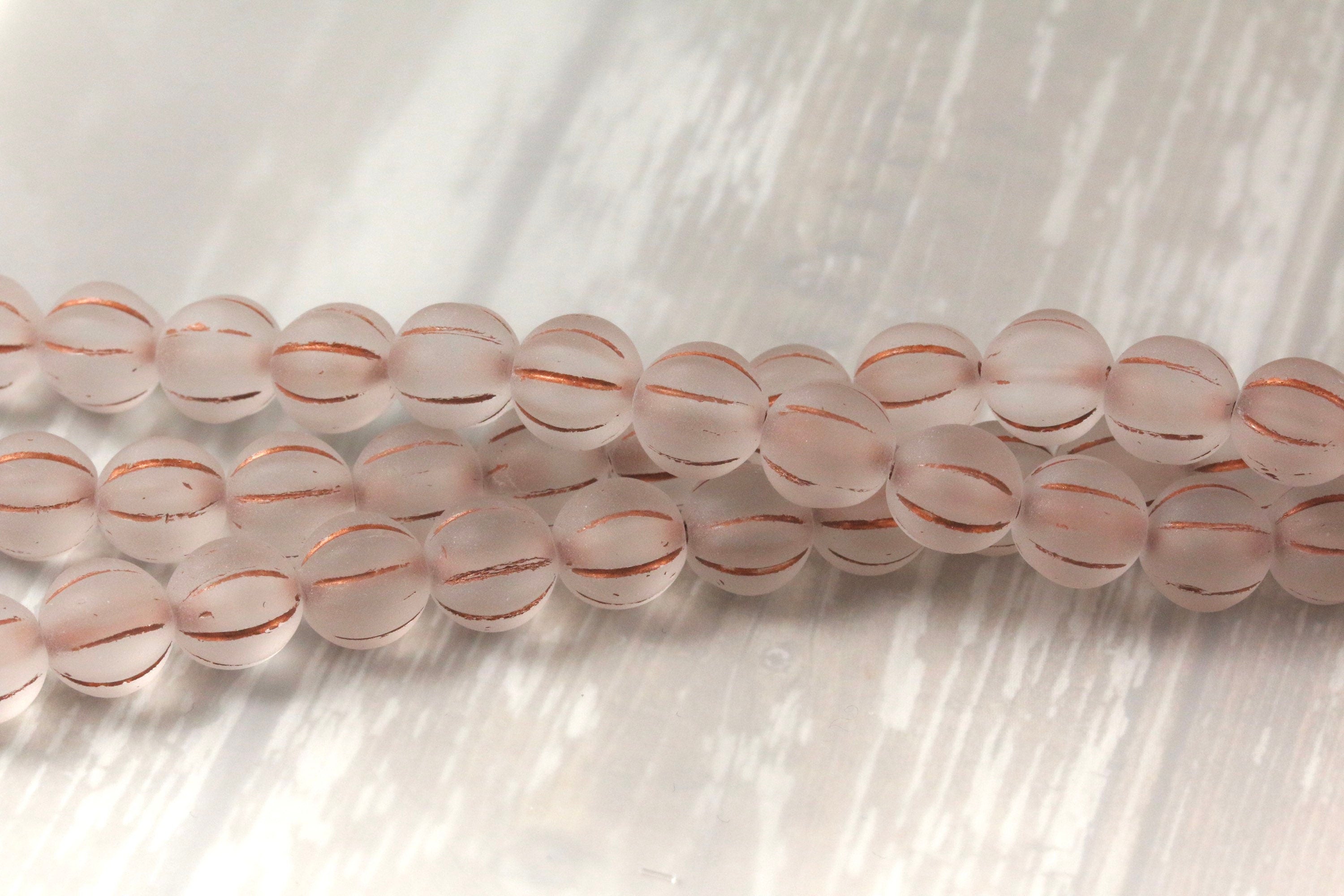 8mm Czech glass Melon round bead - 16pcs FROSTED Clear COPPER WASH - 8mm Melon beads