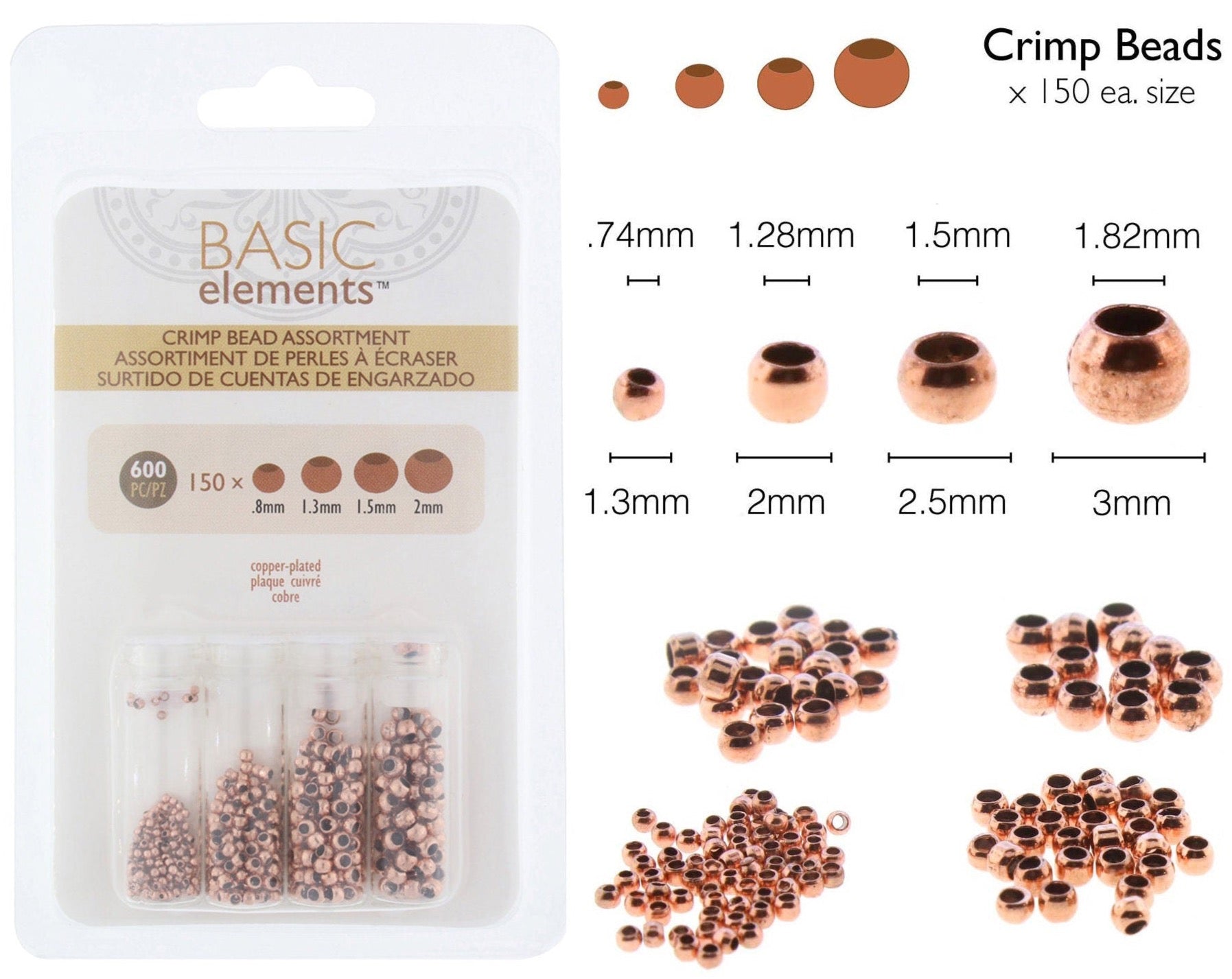 Copper Plated Crimp Beads, Basic Elements by Beadsmith, 4 Size Variety Pack, 600 Pieces