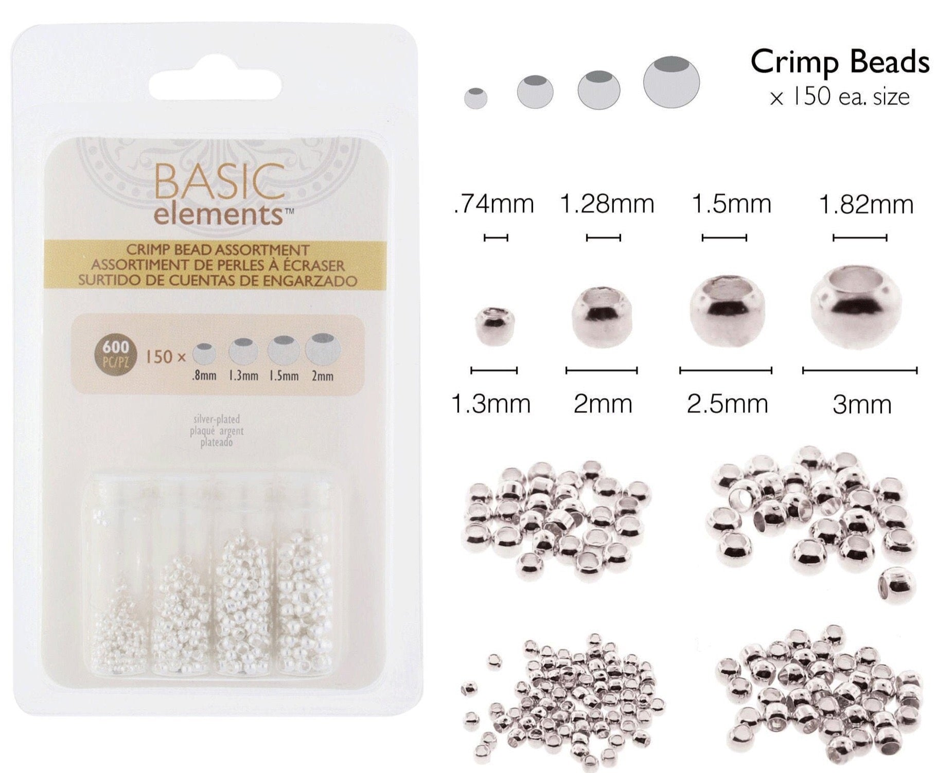 Silver Plated Crimp Beads, Basic Elements by Beadsmith, 4 Size Variety Pack, 600 Pieces