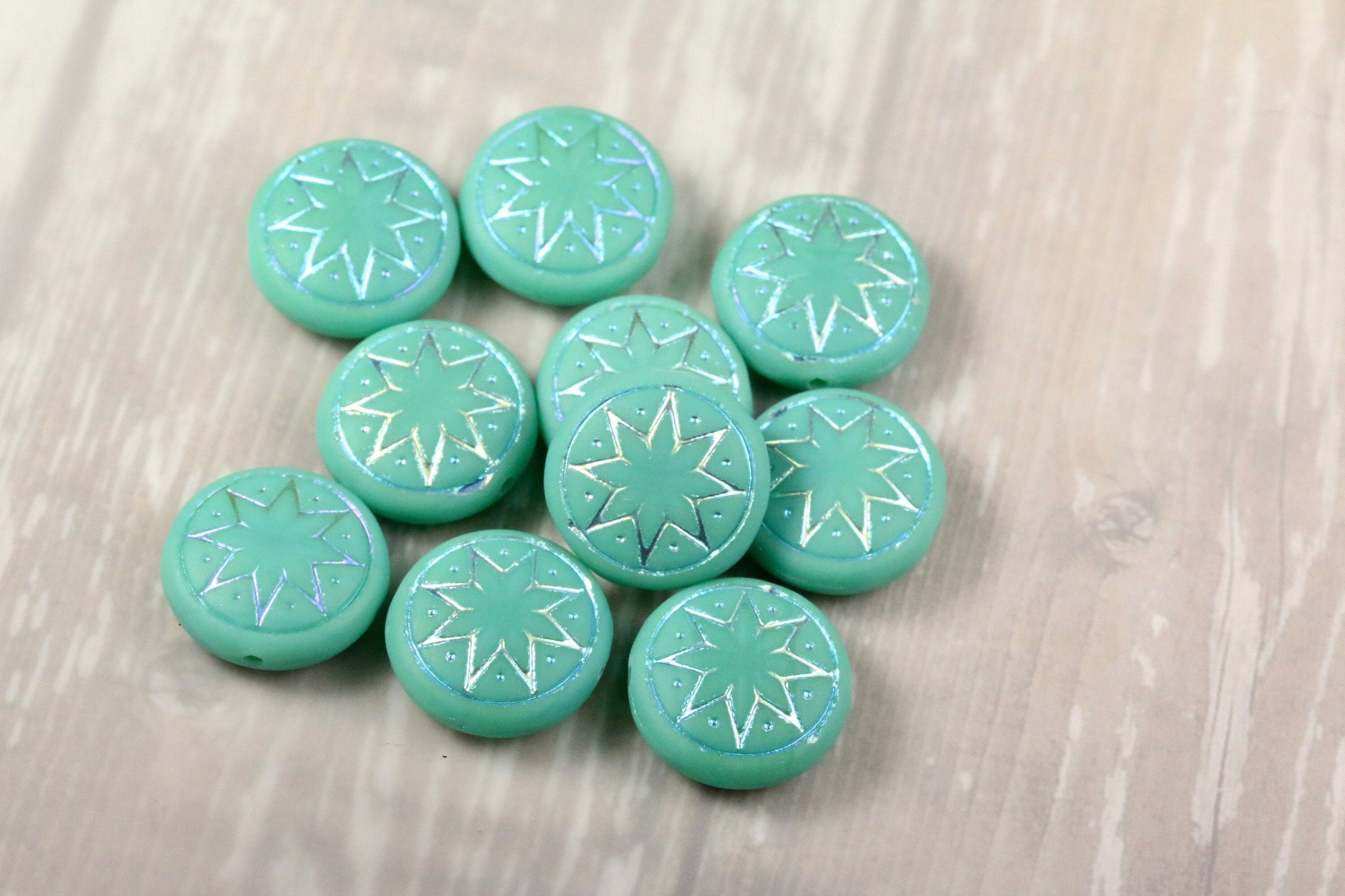 6pcs Czech Star of Ishtar beads - pressed Czech glass puffed coins - FROSTED Green Turquoise AB - 13mm