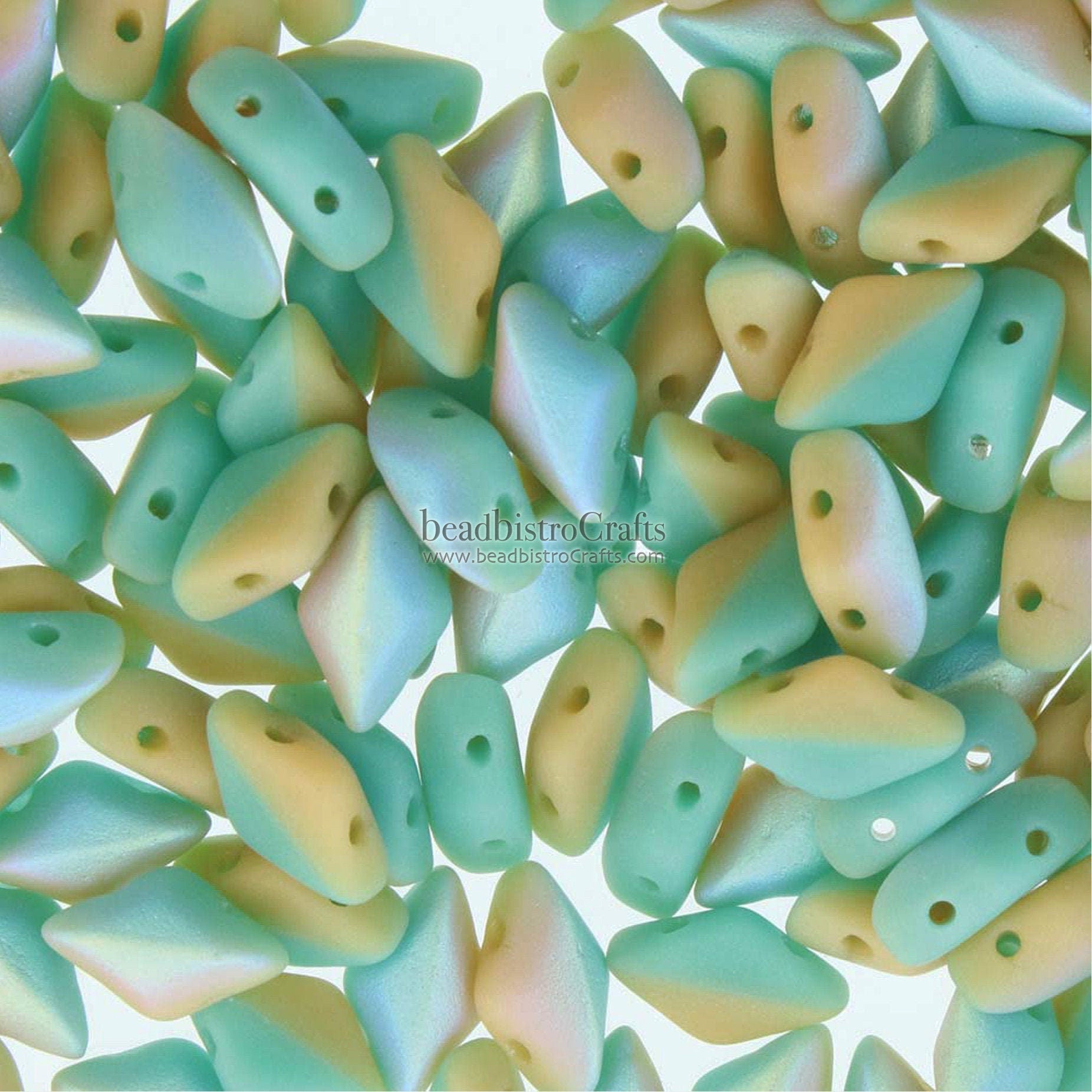 70pcs Czech GEMDUO beads - 2 hole beads - DUET Green Turquoise / Ivory Matte AB * - 5x8mm