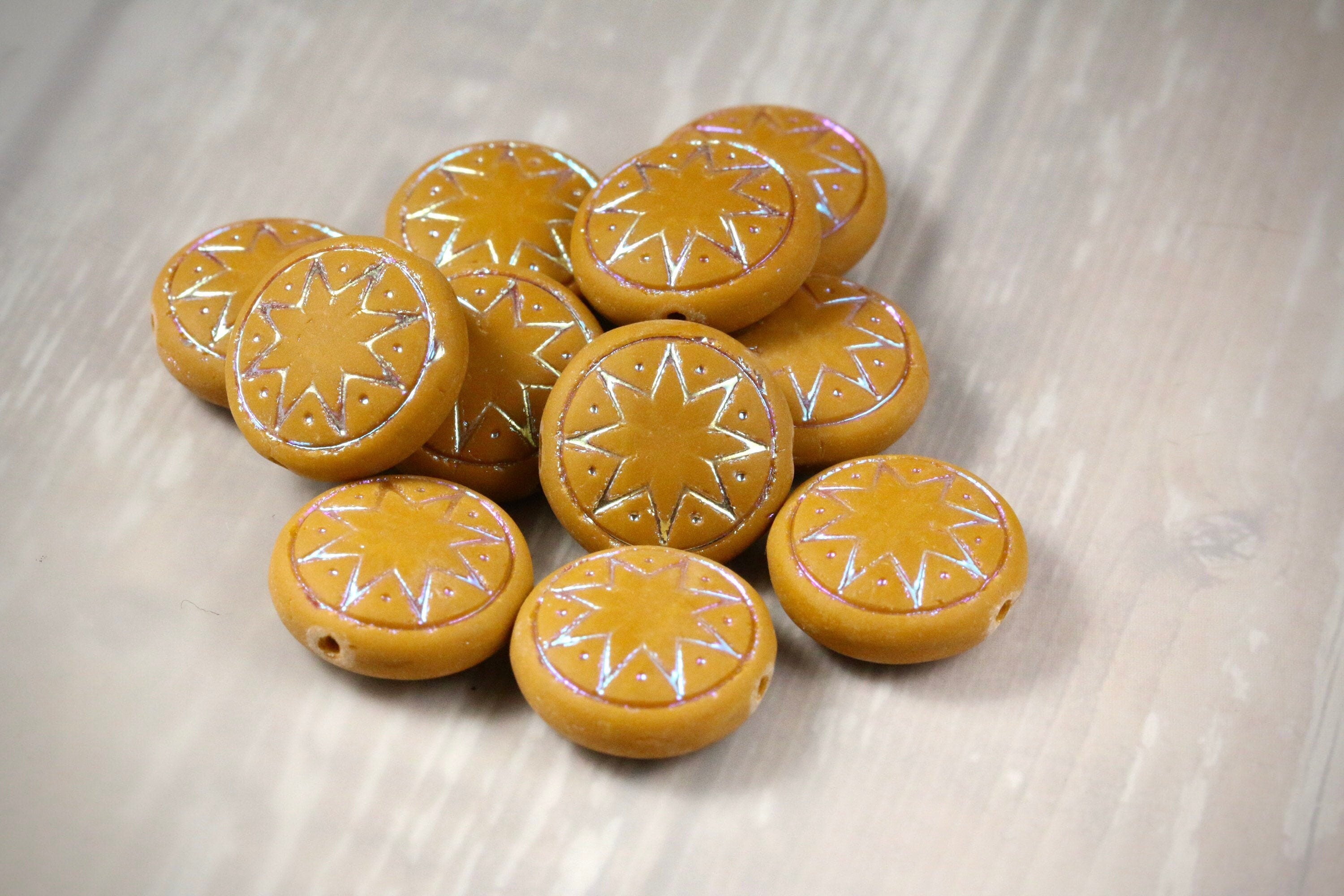 6pcs Czech Star of Ishtar beads - pressed Czech glass puffed coins - FROSTED Ocher AB - 13mm