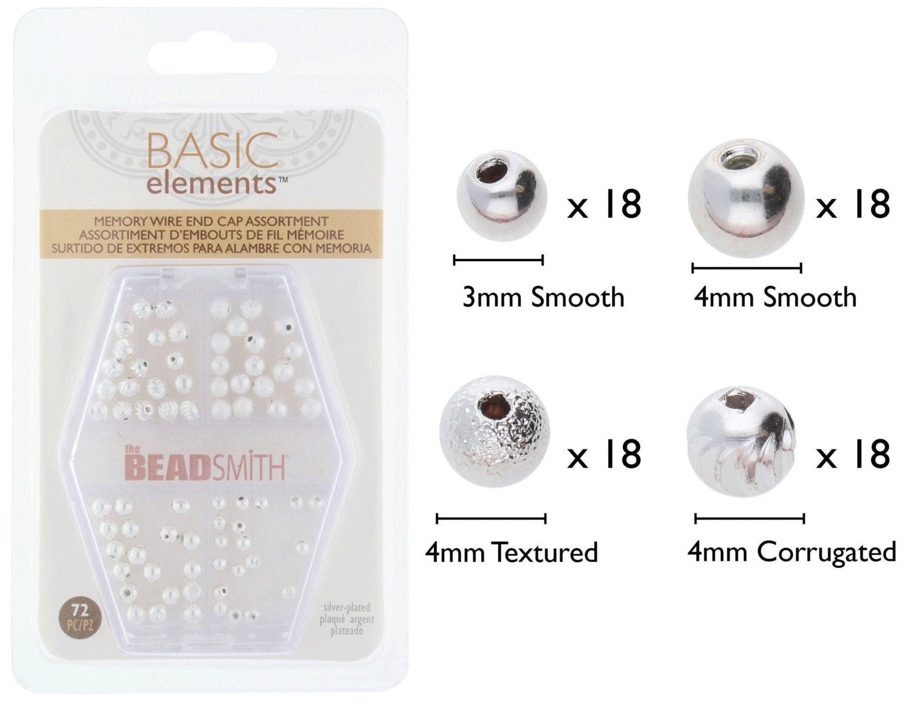 Silver Plated Memory Wire End Caps, Basic Elements by Beadsmith, Smooth, Textured and Corrugated Variety Pack, 72 Pieces