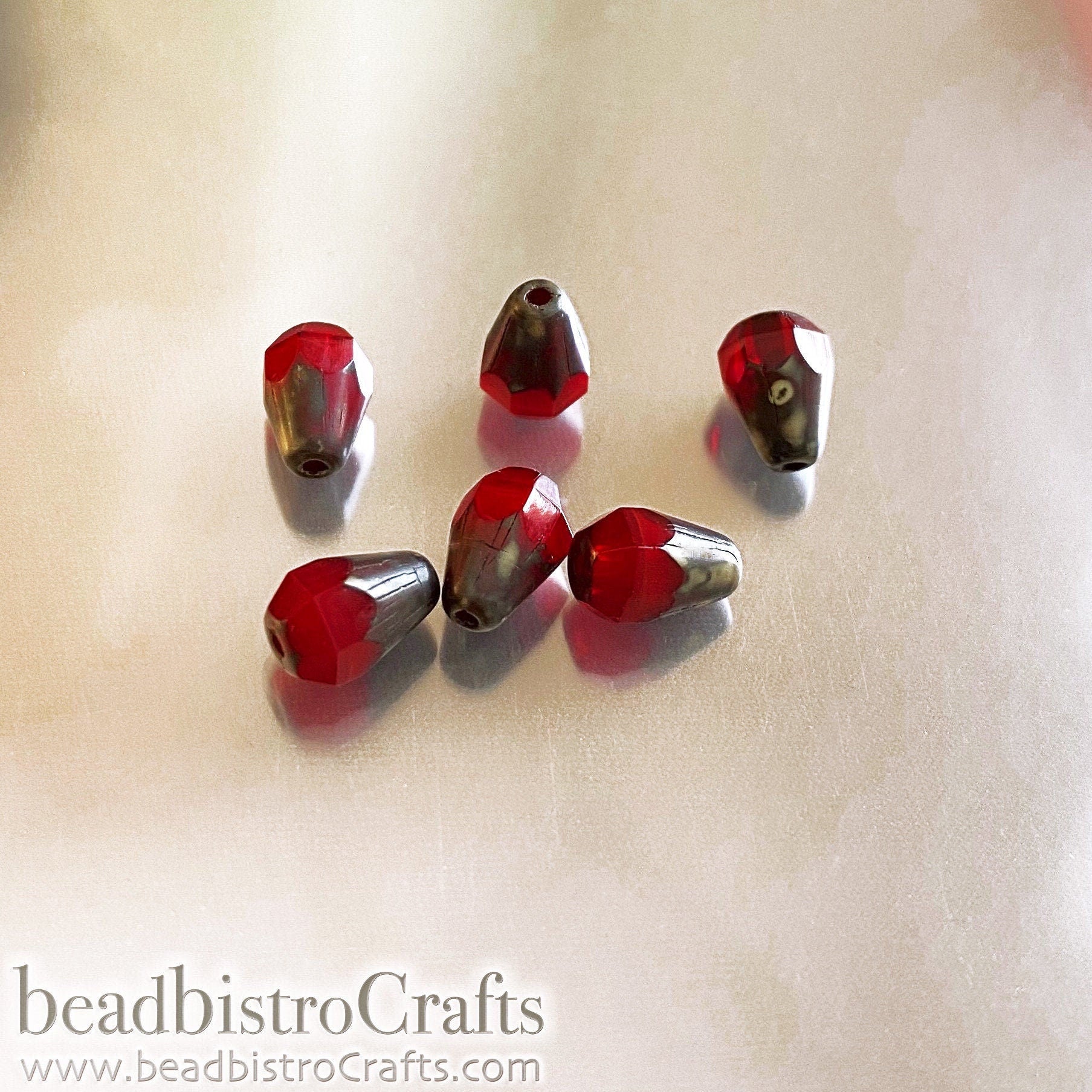 Fire Red Facetted Glass Drop beads - 18pcs Silky Red Opal BROWN TRAVERTINE facetted Czech glass bead - 8x6mm * NEW Old Stock *