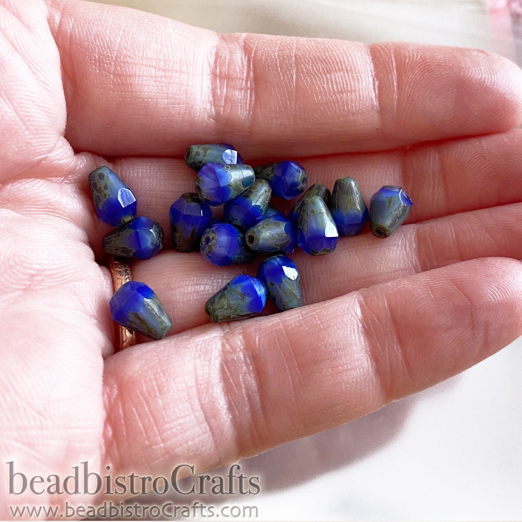 Opaque Cobalt Facetted Glass Drop beads - 18pcs Silky Blue TRAVERTINE facetted Czech glass bead - 8x6mm * NEW Old Stock *