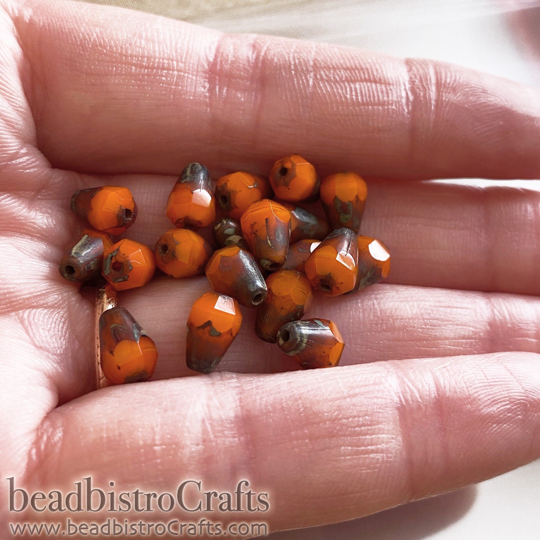 Pumpkin Orange Facetted Glass Drop beads - 18pcs Silky Pumpkin TRAVERTINE facetted Czech glass bead - 8x6mm * NEW Old Stock *