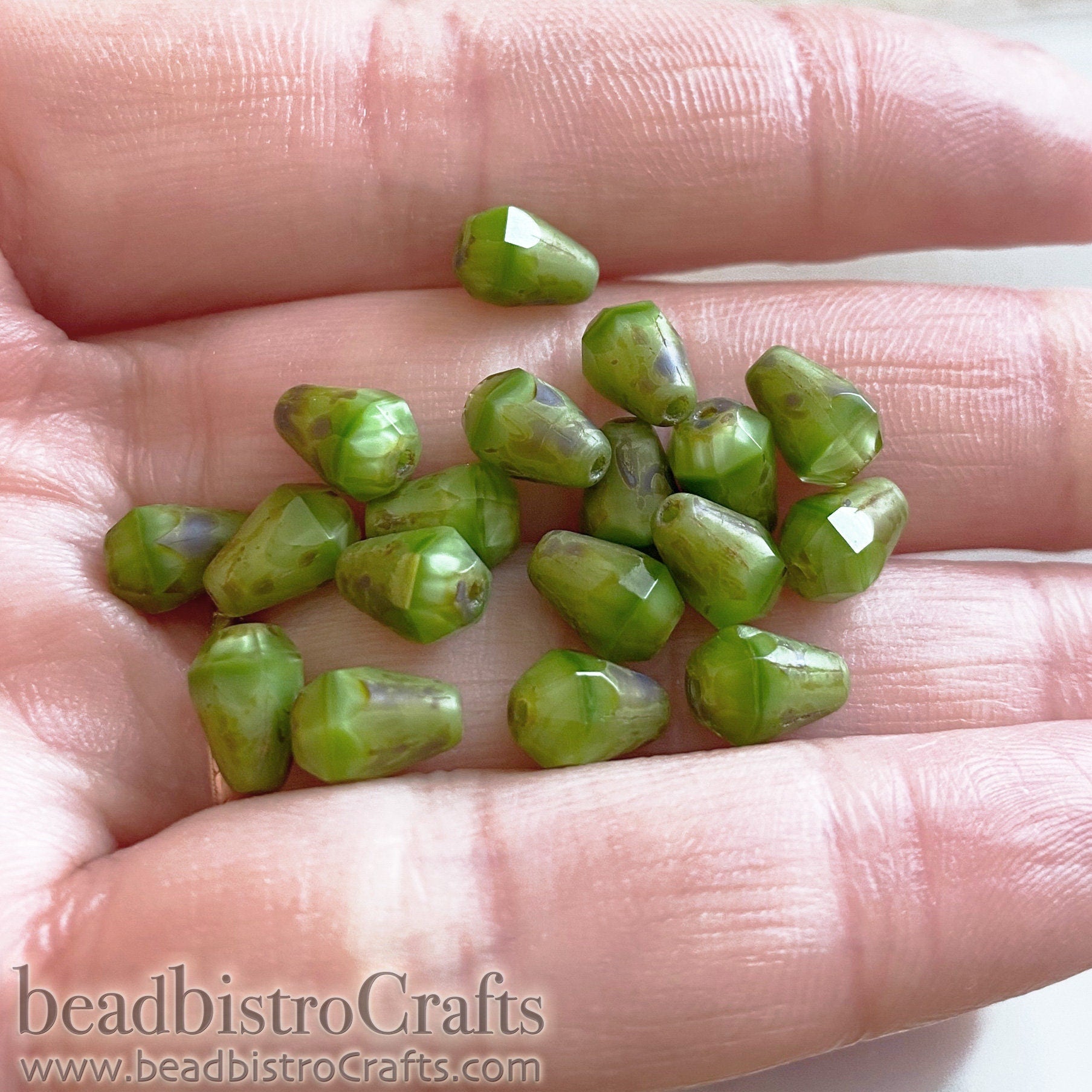 Lime Facetted Glass Drop beads - 18pcs Silky Lime Green TRAVERTINE facetted Czech glass bead - 8x6mm * NEW Old Stock *